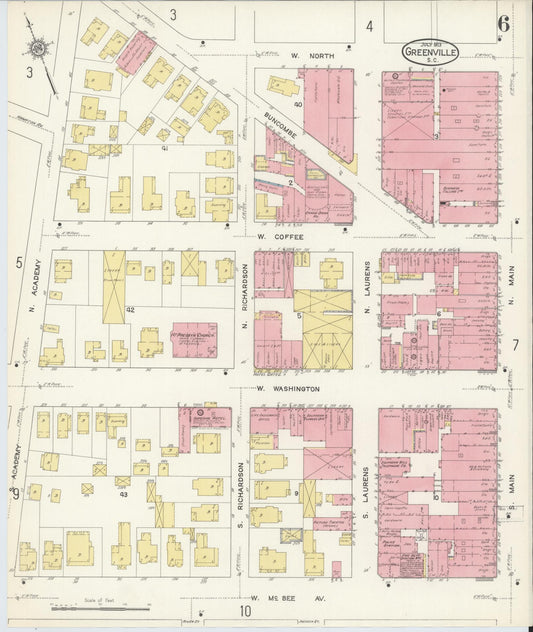 Sanborn Fire Insurance Map from Greenville, Greenville County, South Carolina (1913), Sheet #0006 - Historic Sanborn Fire Insurance Map Print, vintage old map wall art, antique decor, genealogy gift, South Carolina South Carolina map