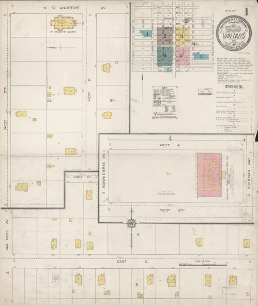 Sanborn Fire Insurance Map from Van Nuys, Los Angeles County, California (1913), Sheet #0001 - Complete Map Set gallery image, historic Sanborn map, vintage wall art, California California