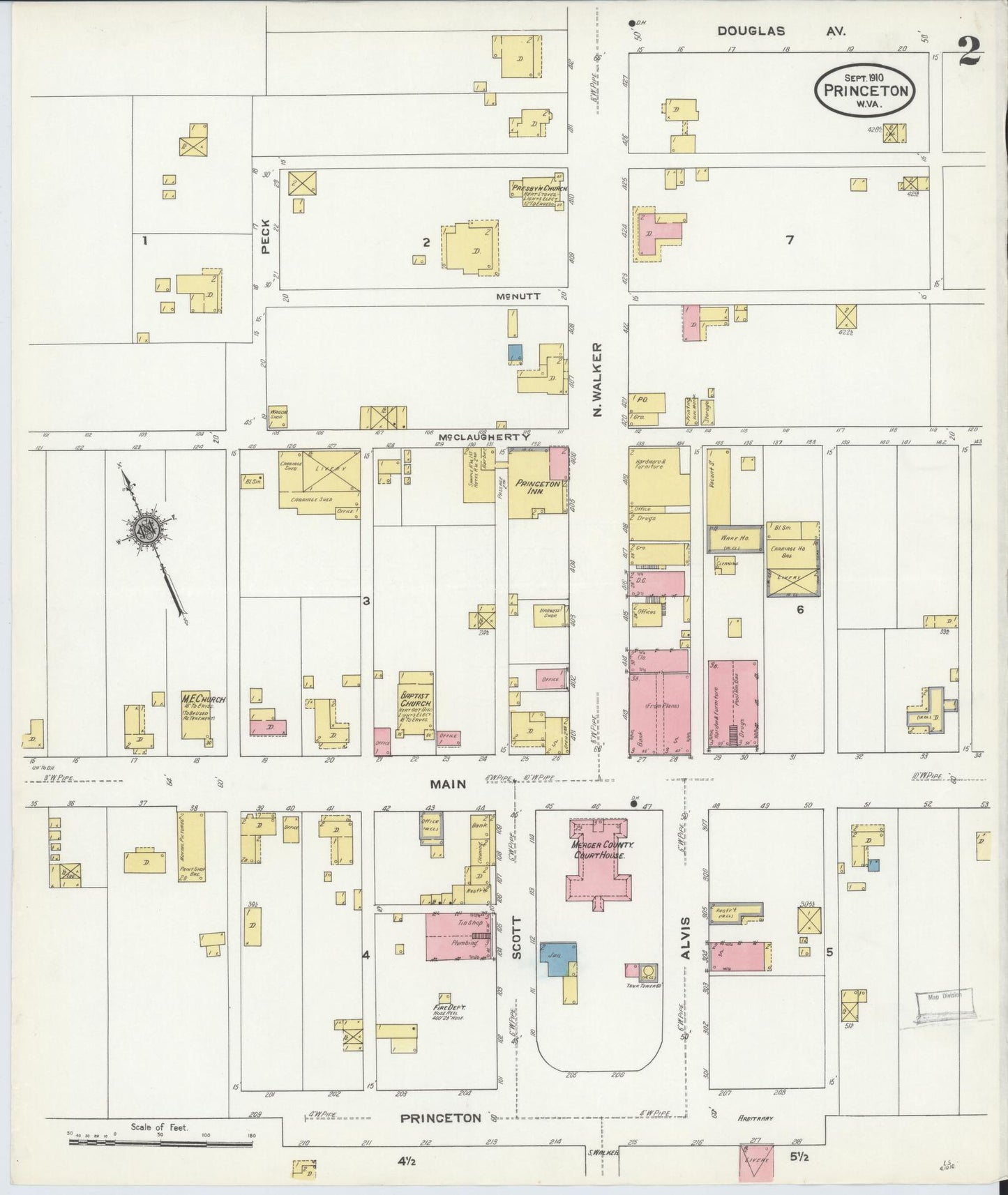 Sanborn Fire Insurance Map from Princeton, Mercer County, West Virginia (1910), Sheet #0002 - Complete Map Set gallery image, historic Sanborn map, vintage wall art, West Virginia West Virginia