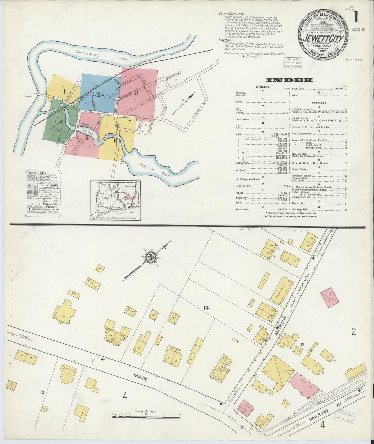 Sanborn Fire Insurance Map from Jewett City, New London County, Connecticut (1917), Sheet #0001 - Historic Sanborn Fire Insurance Map Print, vintage old map wall art, antique decor, genealogy gift, Connecticut Connecticut map