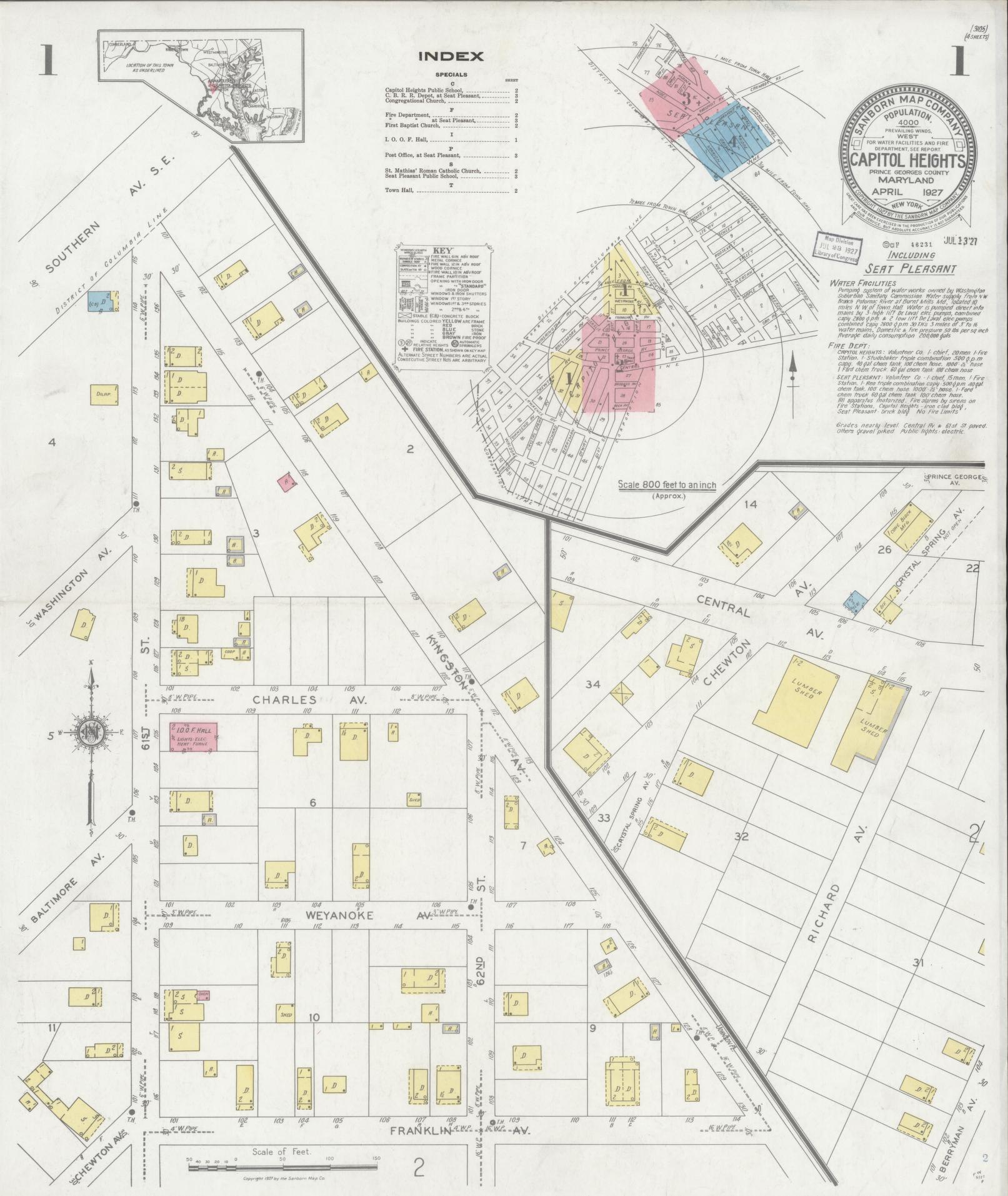 Sanborn Fire Insurance Map from Capitol Heights, Prince Georges County, Maryland (1927), Sheet #0001 - Complete Map Set gallery image, historic Sanborn map, vintage wall art, Maryland Maryland