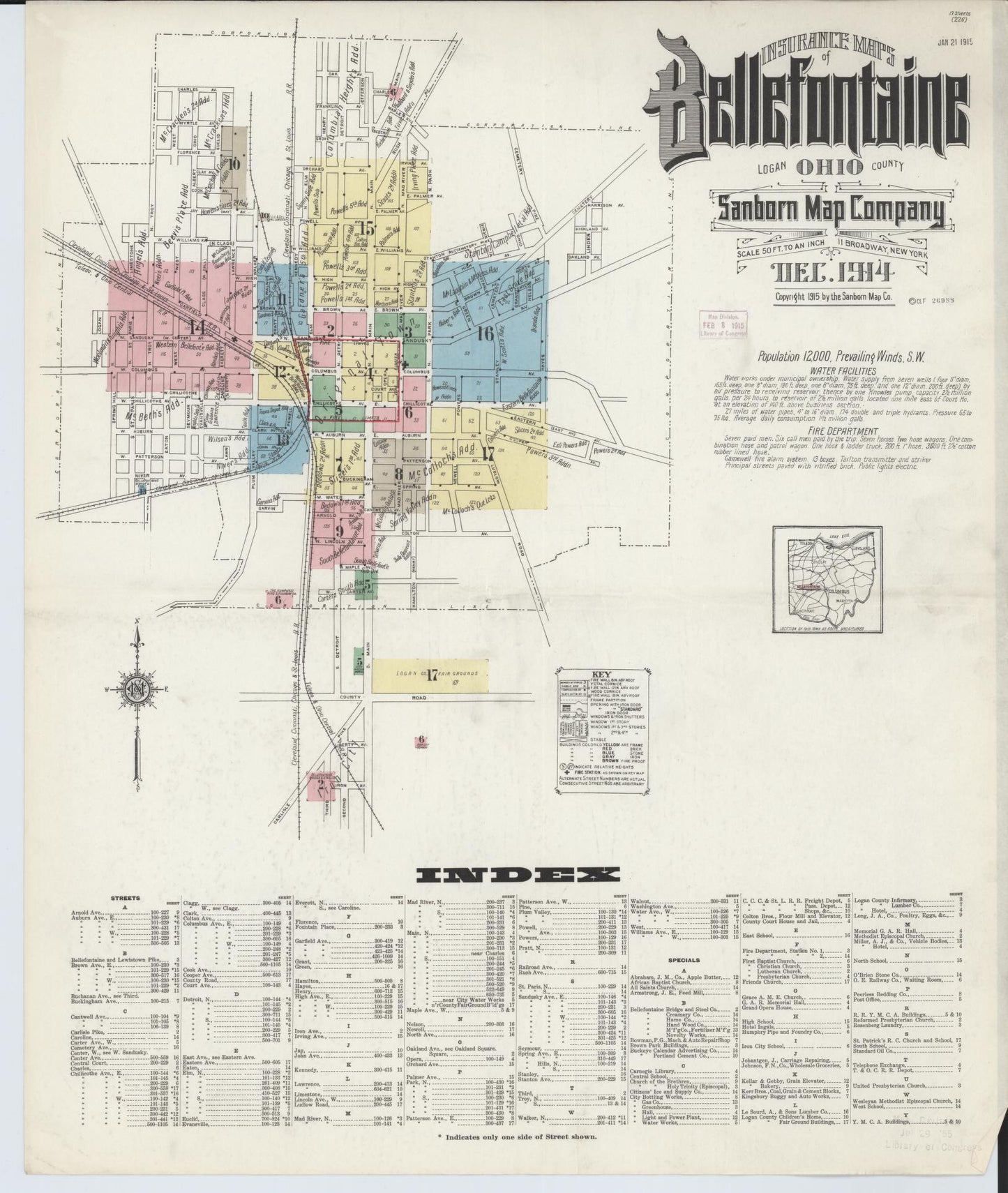 Sanborn Fire Insurance Map from Bellefontaine, Logan County, Ohio (1914), Sheet #0001 - Historic Sanborn Fire Insurance Map Print, vintage old map wall art, antique decor, genealogy gift, Ohio Ohio map
