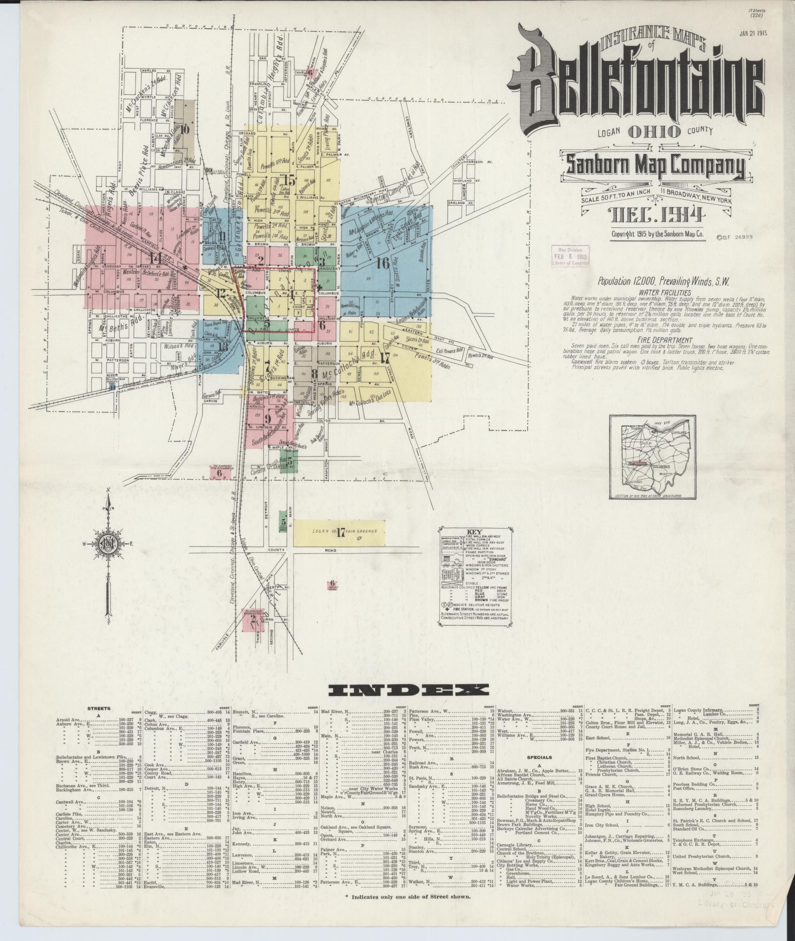 Sanborn Fire Insurance Map from Bellefontaine, Logan County, Ohio (1914), Sheet #0001 - Historic Sanborn Fire Insurance Map Print, vintage old map wall art, antique decor, genealogy gift, Ohio Ohio map