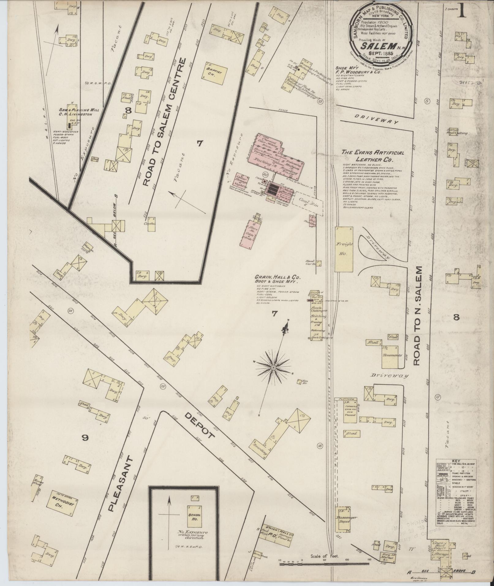 Sanborn Fire Insurance Map from Salem, Rockingham County, New Hampshire (1885), Sheet #0001 - Complete Map Set gallery image, historic Sanborn map, vintage wall art, New Hampshire New Hampshire