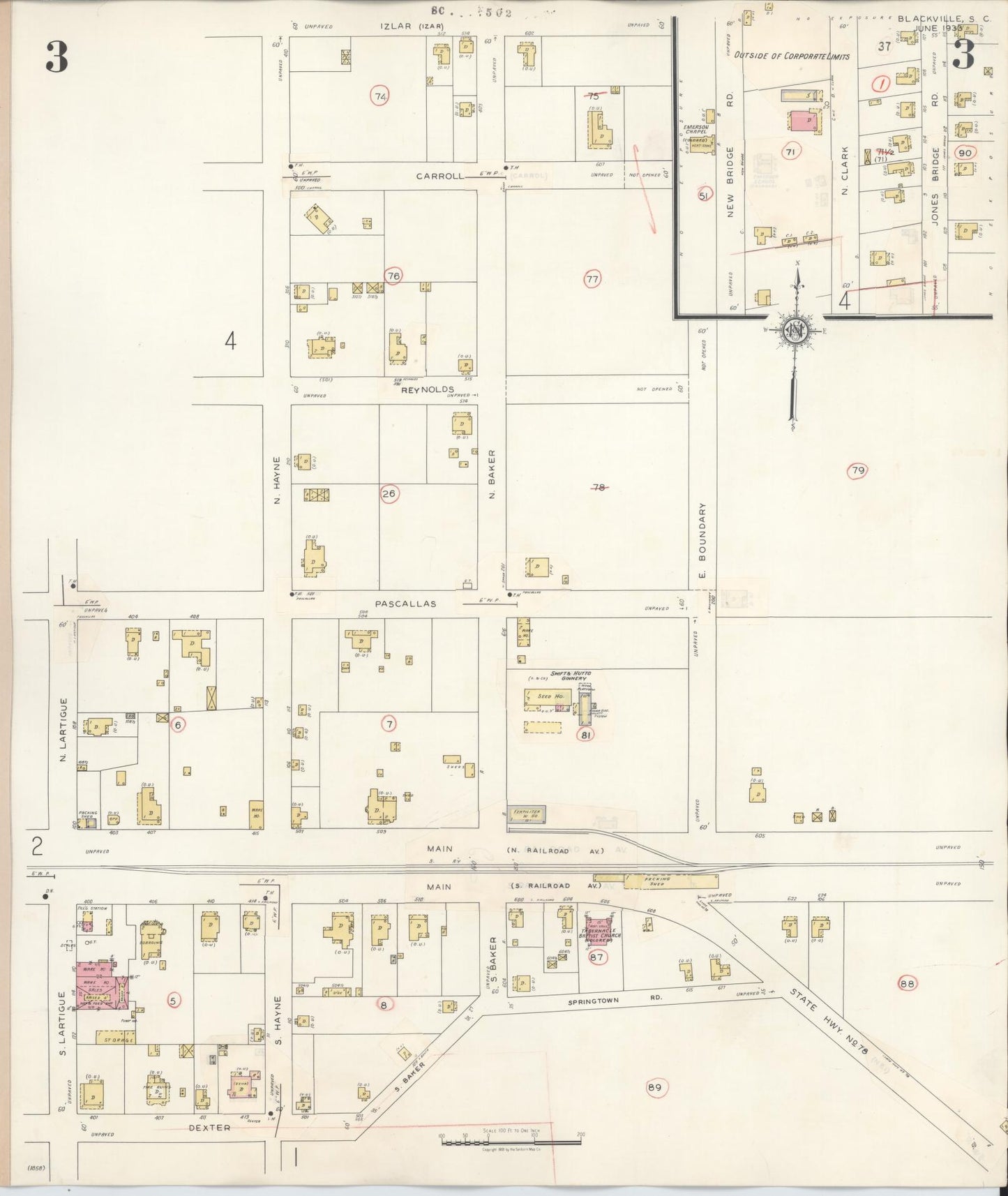 Sanborn Fire Insurance Map from Blackville, Barnwell County, South Carolina (1943), Sheet #0003 - Complete Map Set gallery image, historic Sanborn map, vintage wall art, South Carolina South Carolina