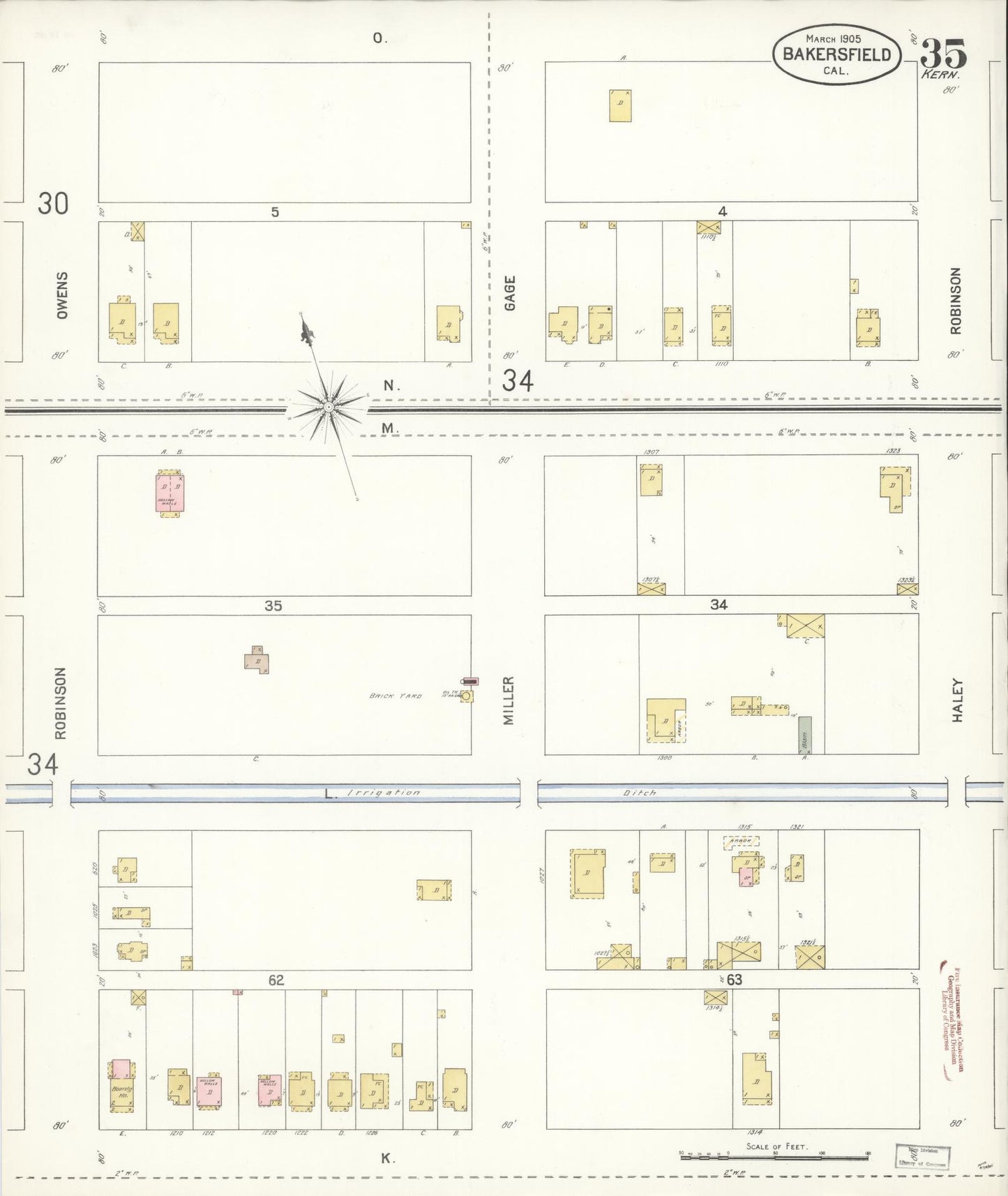 Sanborn Fire Insurance Map from Bakersfield, Kern County, California (1905), Sheet #0035 - Historic Sanborn Fire Insurance Map Print, vintage old map wall art, antique decor, genealogy gift, California California map
