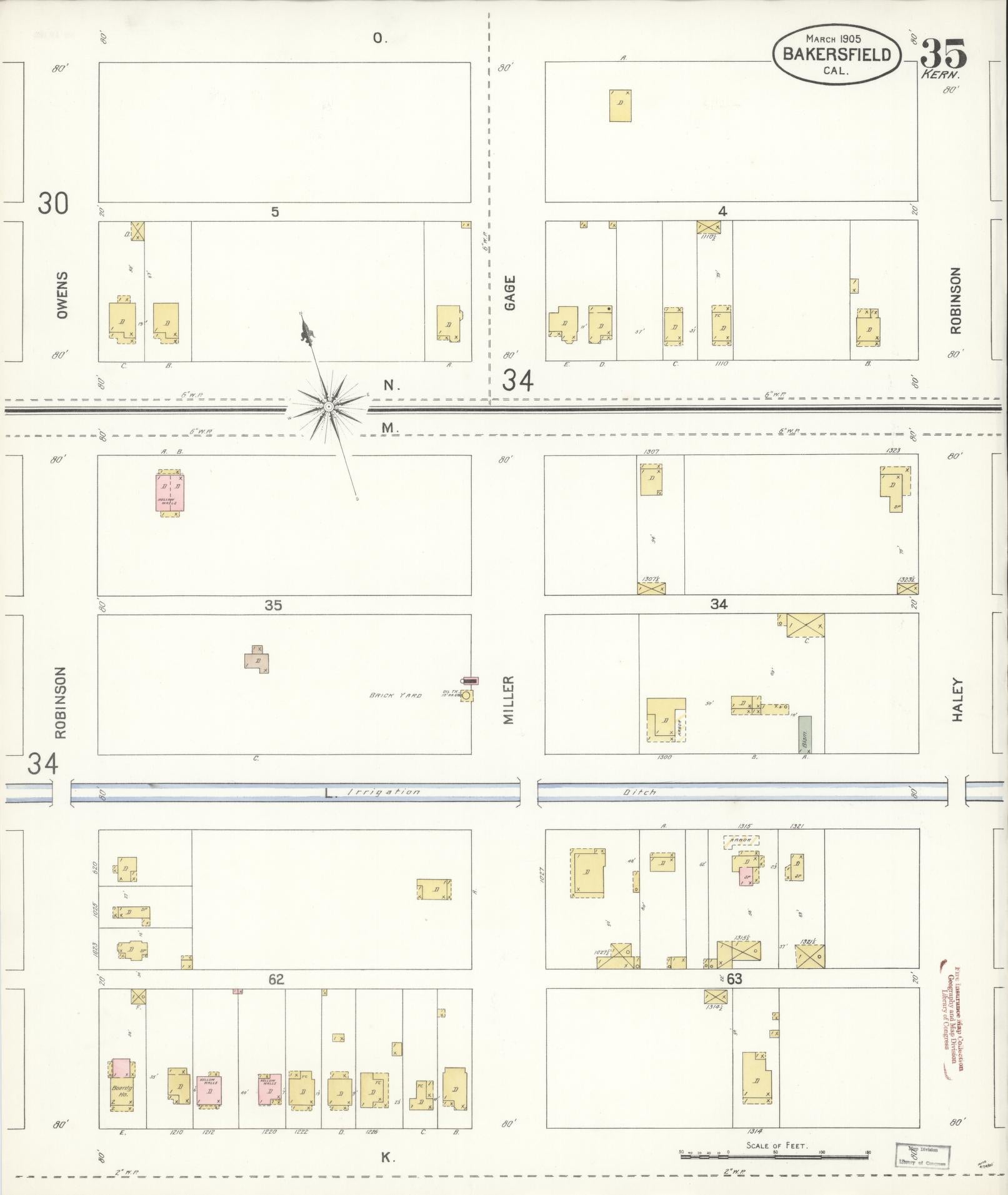 Sanborn Fire Insurance Map from Bakersfield, Kern County, California (1905), Sheet #0035 - Historic Sanborn Fire Insurance Map Print, vintage old map wall art, antique decor, genealogy gift, California California map