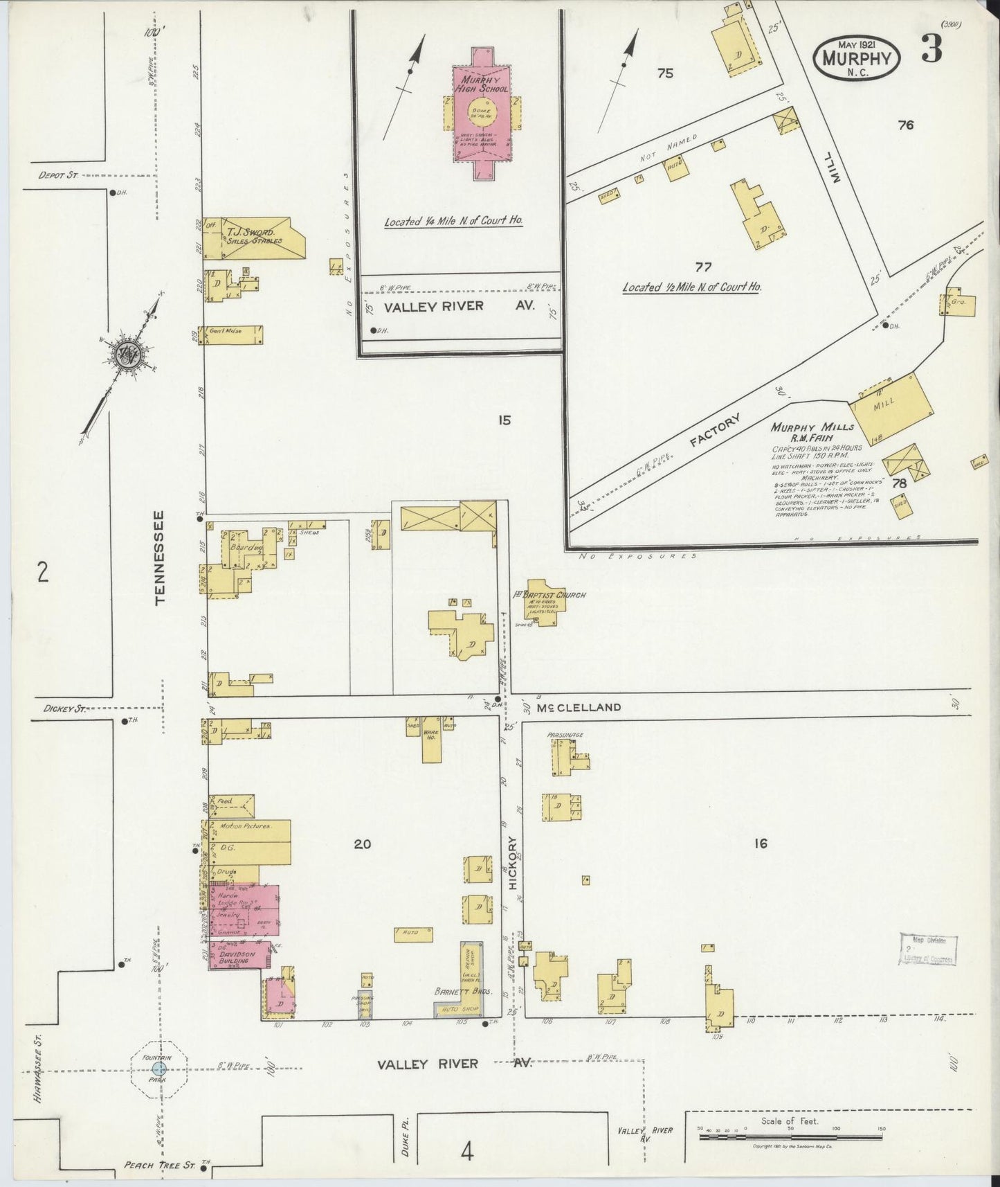 Sanborn Fire Insurance Map from Murphy, Cherokee County, North Carolina (1921), Sheet #0003 - Historic Sanborn Fire Insurance Map Print, vintage old map wall art, antique decor, genealogy gift, North Carolina North Carolina map