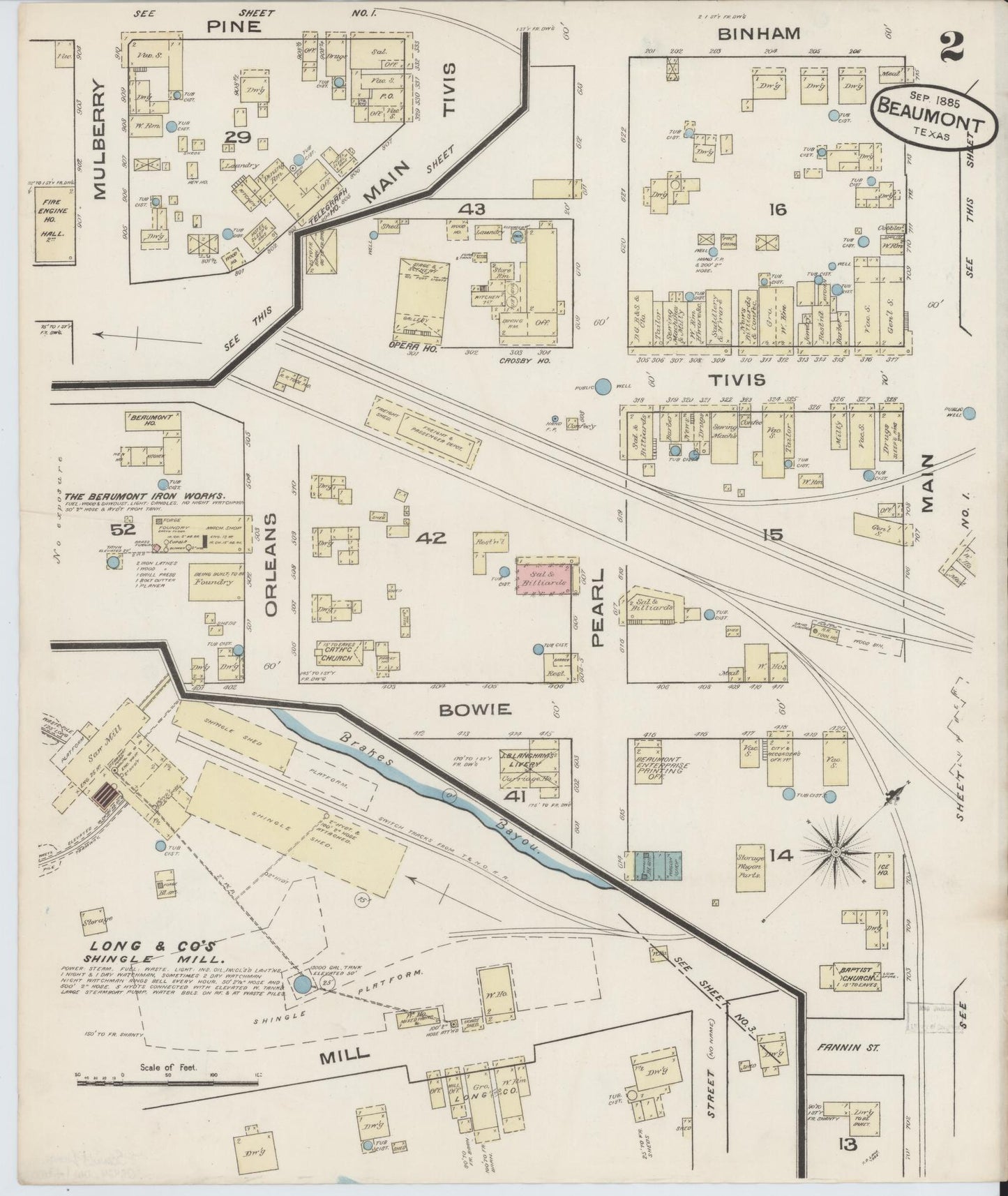 Sanborn Fire Insurance Map from Beaumont, Jefferson County, Texas (1885), Sheet #0002 - Historic Sanborn Fire Insurance Map Print, vintage old map wall art, antique decor, genealogy gift, Texas Texas map