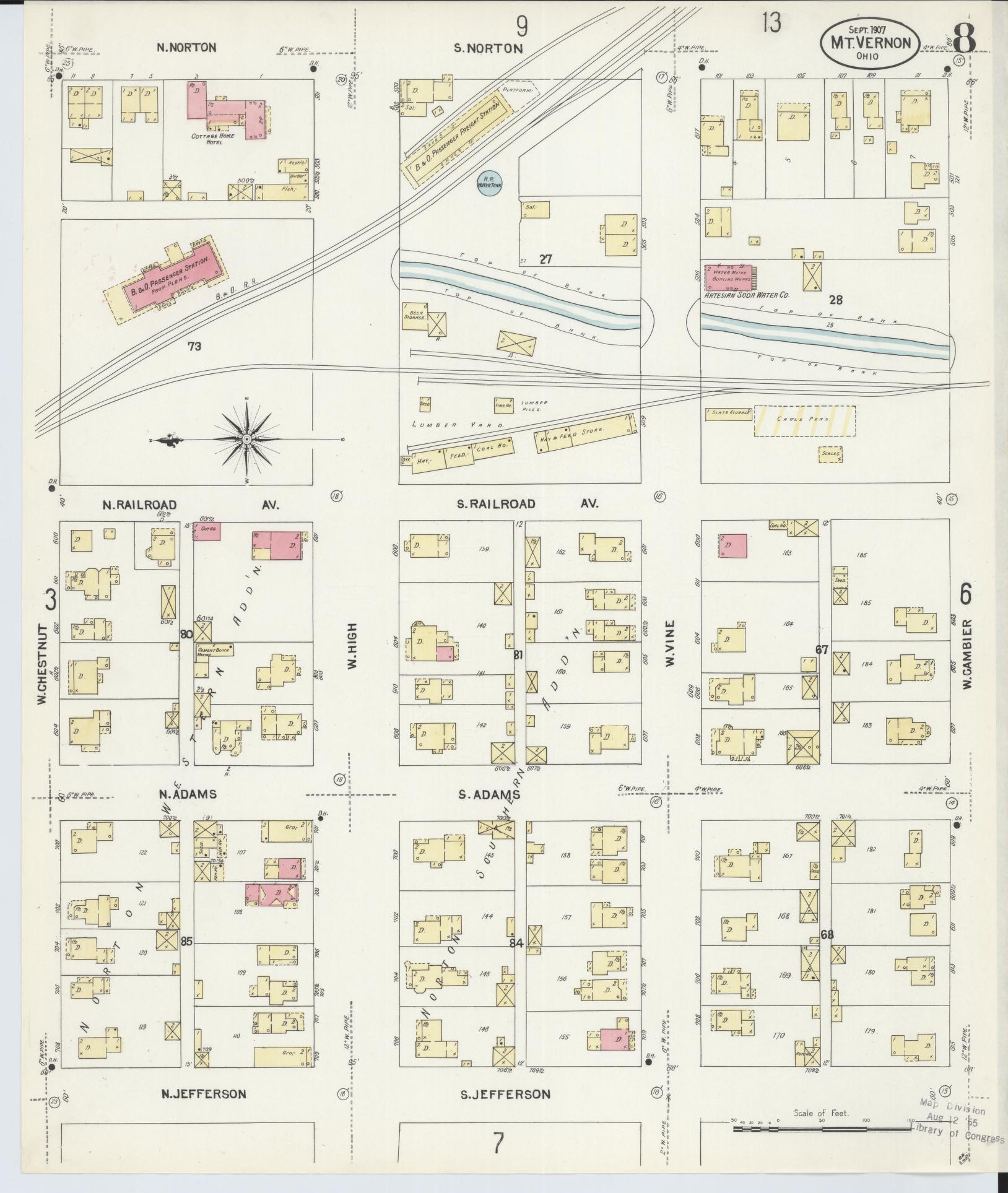 Sanborn Fire Insurance Map from Mount Vernon, Knox County, Ohio (1907), Sheet #0008 - Historic Sanborn Fire Insurance Map Print, vintage old map wall art, antique decor, genealogy gift, Ohio Ohio map