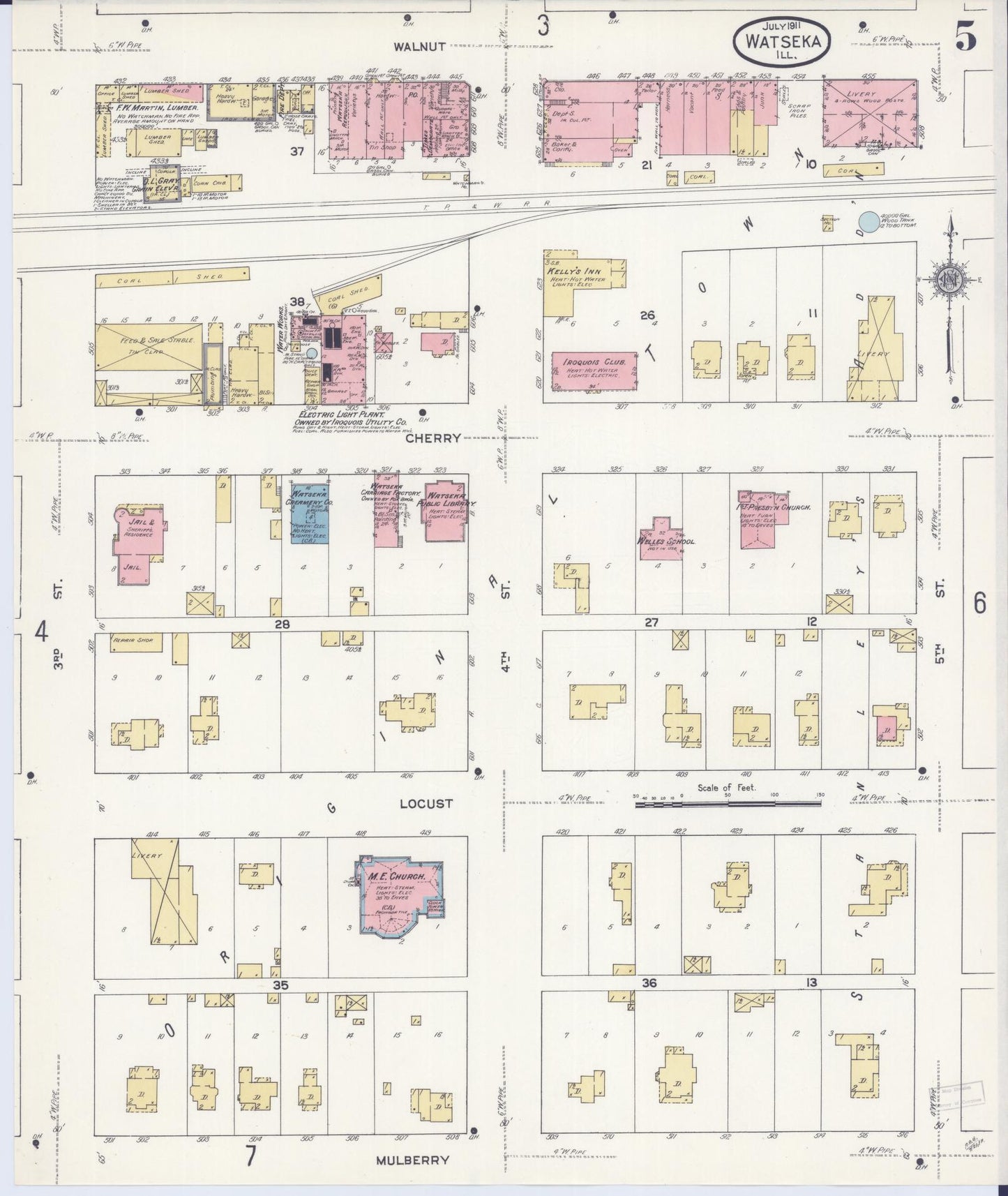 Sanborn Fire Insurance Map from Watseka, Iroquois County, Illinois (1911), Sheet #0005 - Historic Sanborn Fire Insurance Map Print, vintage old map wall art, antique decor, genealogy gift, Illinois Illinois map