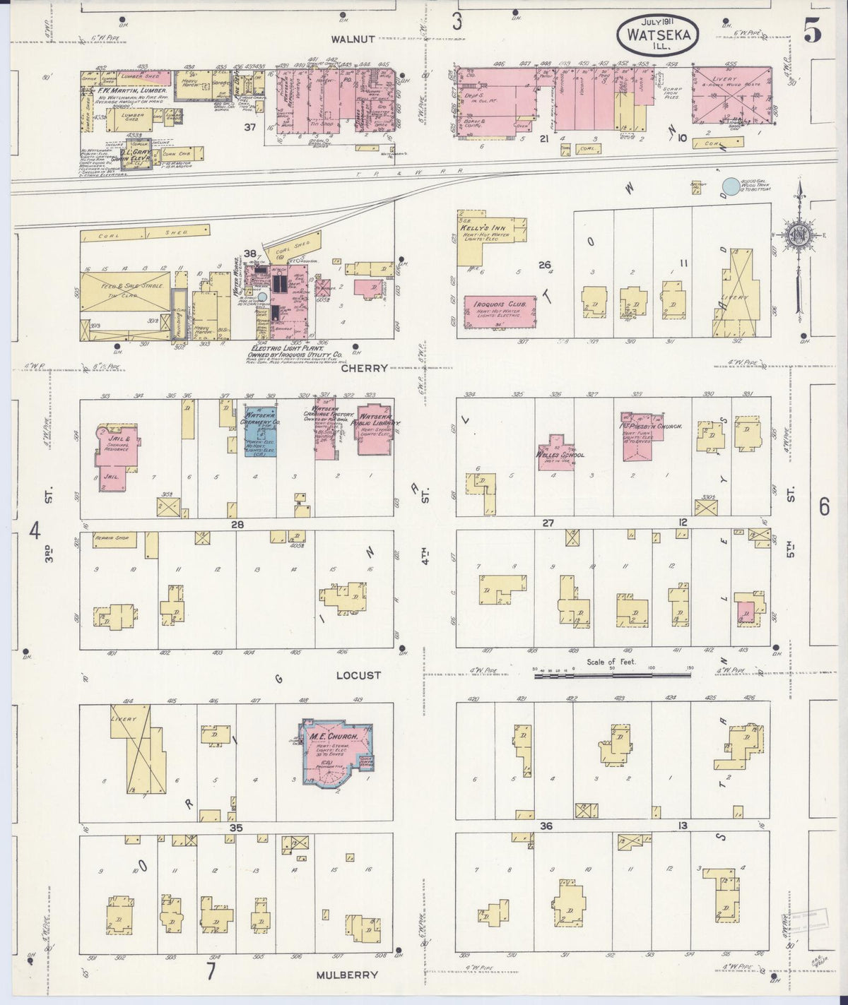 Sanborn Fire Insurance Map from Watseka, Iroquois County, Illinois (1911), Sheet #0005 - Historic Sanborn Fire Insurance Map Print, vintage old map wall art, antique decor, genealogy gift, Illinois Illinois map