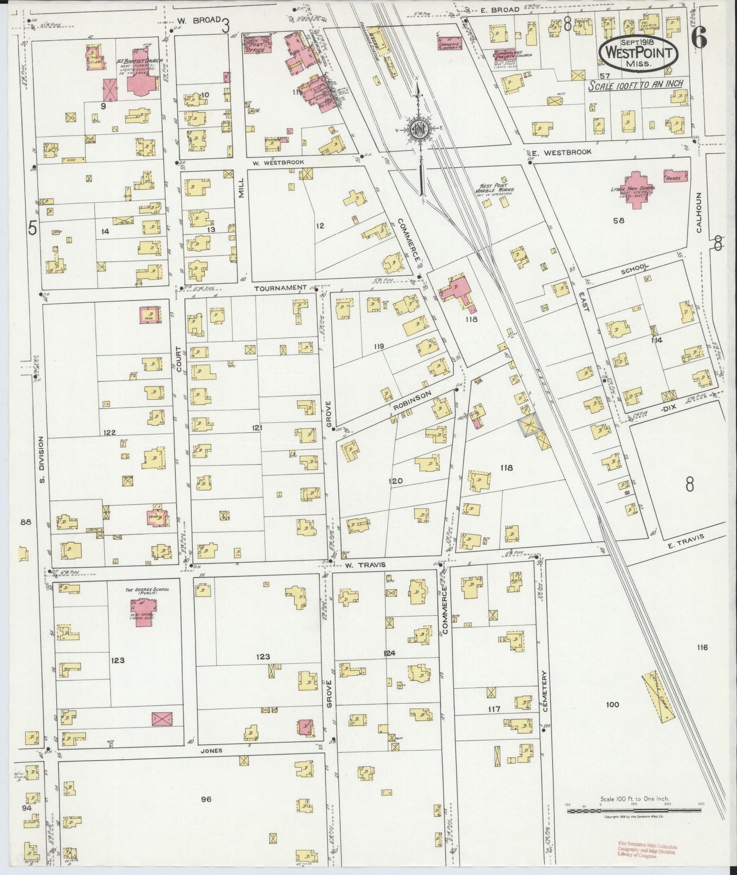 Sanborn Fire Insurance Map from West Point, Clay County, Mississippi (1918), Sheet #0006 - Complete Map Set gallery image, historic Sanborn map, vintage wall art, Mississippi Mississippi