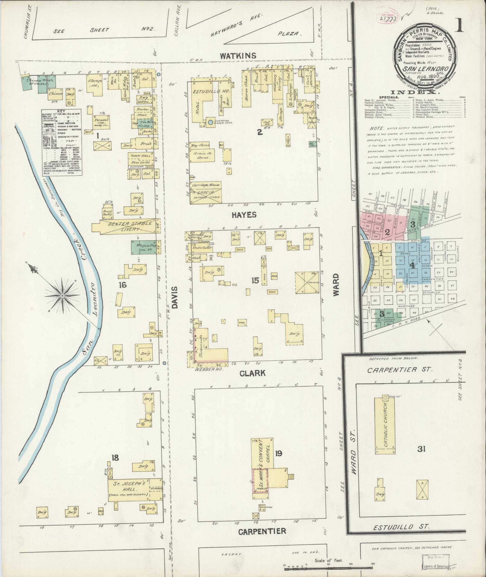 Sanborn Fire Insurance Map from San Leandro, Alameda County, California (1890), Sheet #0001 - Complete Map Set gallery image, historic Sanborn map, vintage wall art, California California