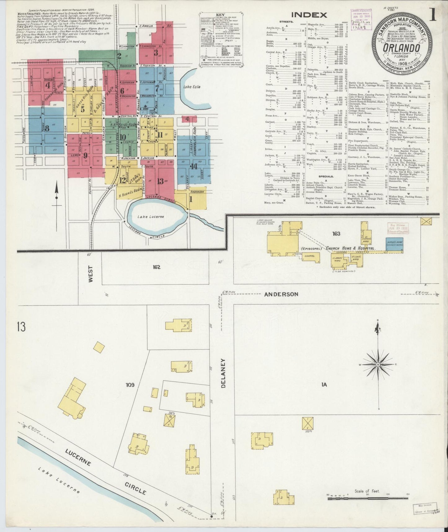 Sanborn Fire Insurance Map from Orlando, Orange County, Florida (1908), Sheet #0001 - Complete Map Set gallery image, historic Sanborn map, vintage wall art, Florida Florida
