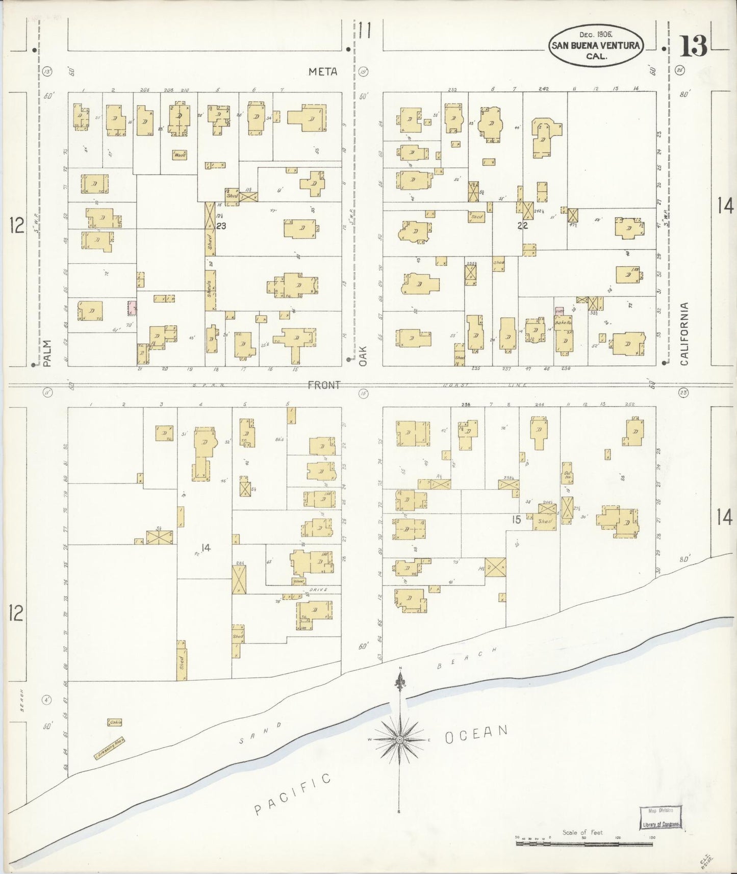 Sanborn Fire Insurance Map from San Buenaventura, Ventura County, California (1906), Sheet #0013 - Complete Map Set gallery image, historic Sanborn map, vintage wall art, California California