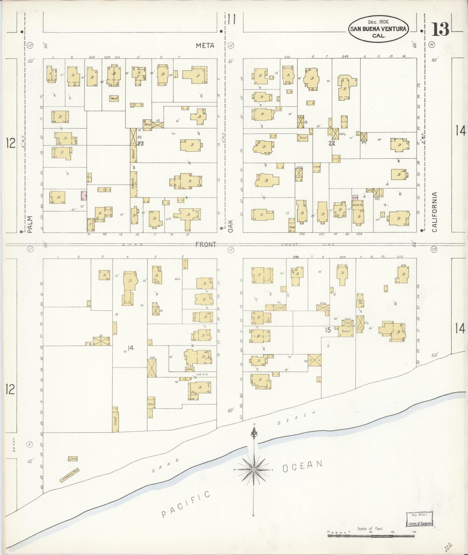 Sanborn Fire Insurance Map from San Buenaventura, Ventura County, California (1906), Sheet #0013 - Complete Map Set gallery image, historic Sanborn map, vintage wall art, California California