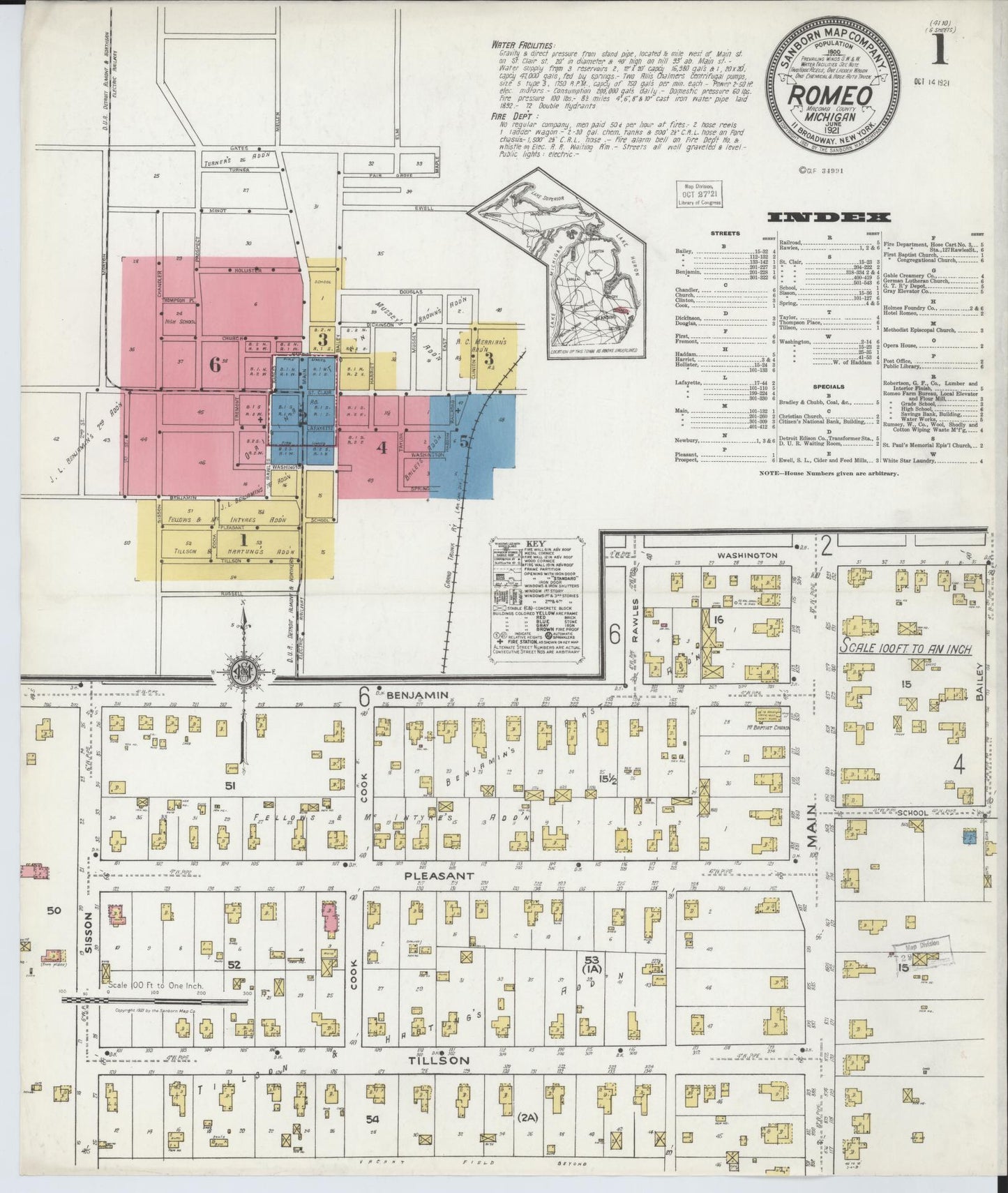 Sanborn Fire Insurance Map from Romeo, Macomb County, Michigan (1921), Sheet #0001 - Complete Map Set gallery image, historic Sanborn map, vintage wall art, Michigan Michigan