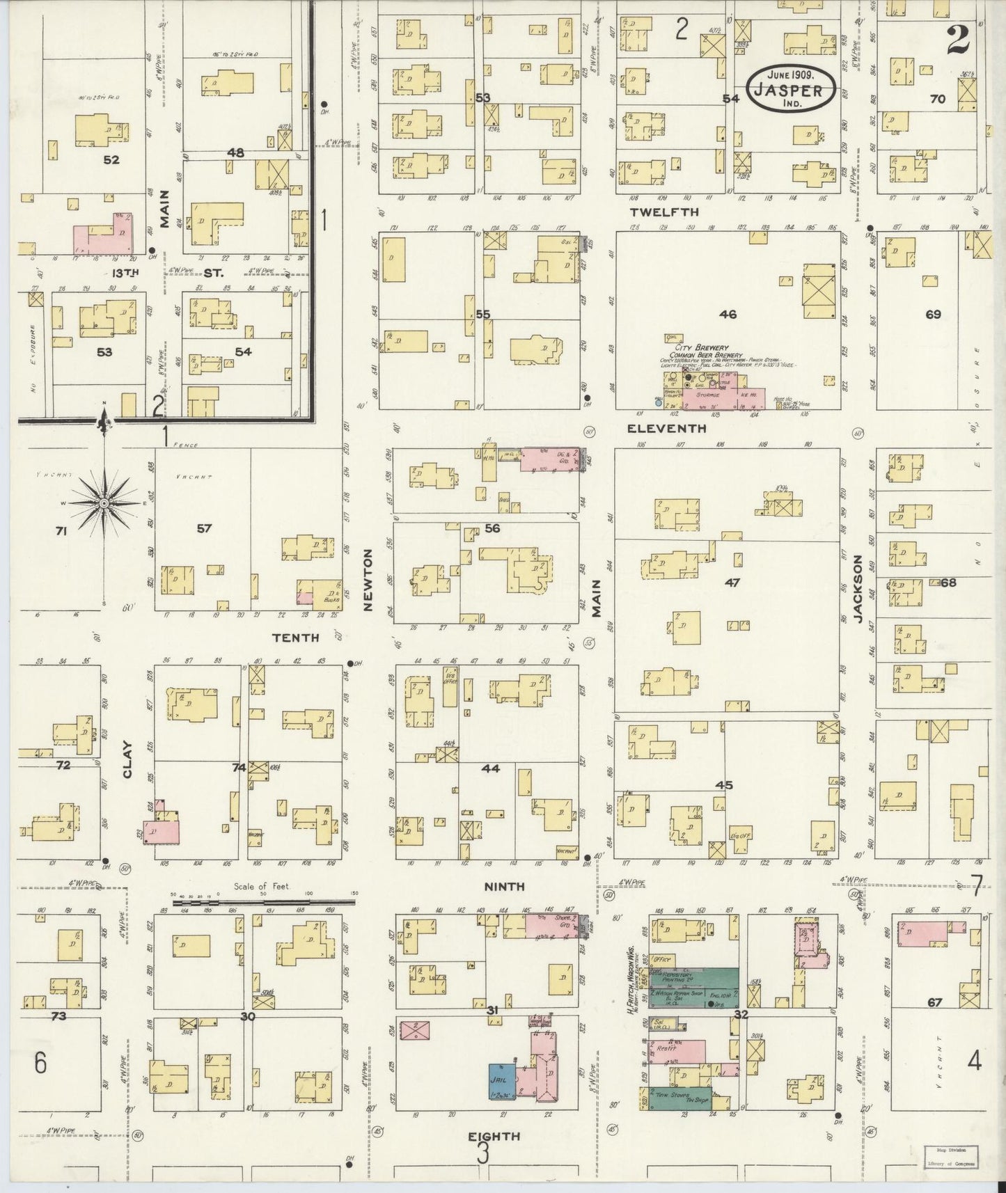 Sanborn Fire Insurance Map from Jasper, Dubois County, Indiana (1909), Sheet #0002 - Complete Map Set gallery image, historic Sanborn map, vintage wall art, Indiana Indiana