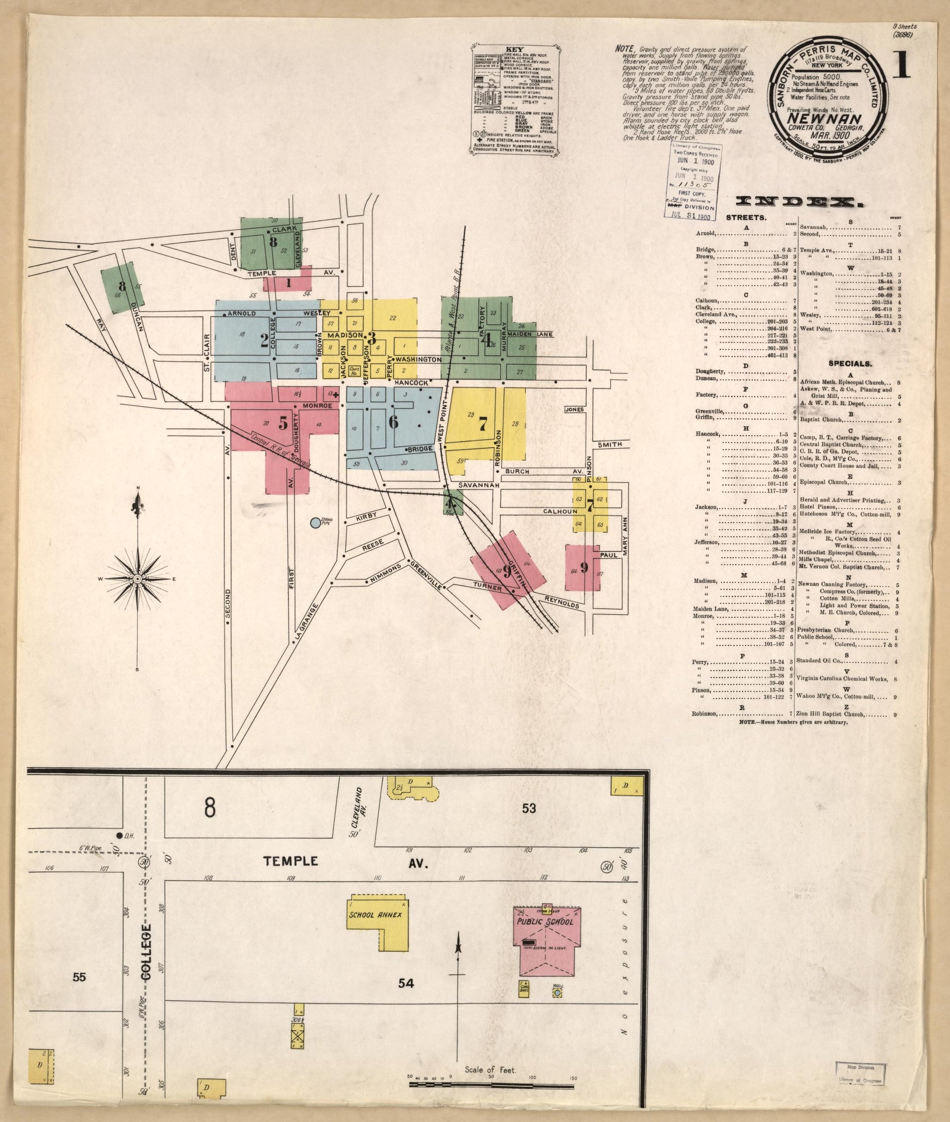 Sanborn Fire Insurance Map from Newnan, Coweta County, Georgia (1900), Sheet #0001 - Historic Sanborn Fire Insurance Map Print, vintage old map wall art, antique decor, genealogy gift, Georgia Georgia map