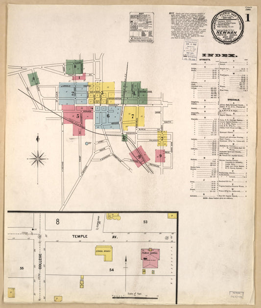 Sanborn Fire Insurance Map from Newnan, Coweta County, Georgia (1900), Sheet #0001 - Historic Sanborn Fire Insurance Map Print, vintage old map wall art, antique decor, genealogy gift, Georgia Georgia map