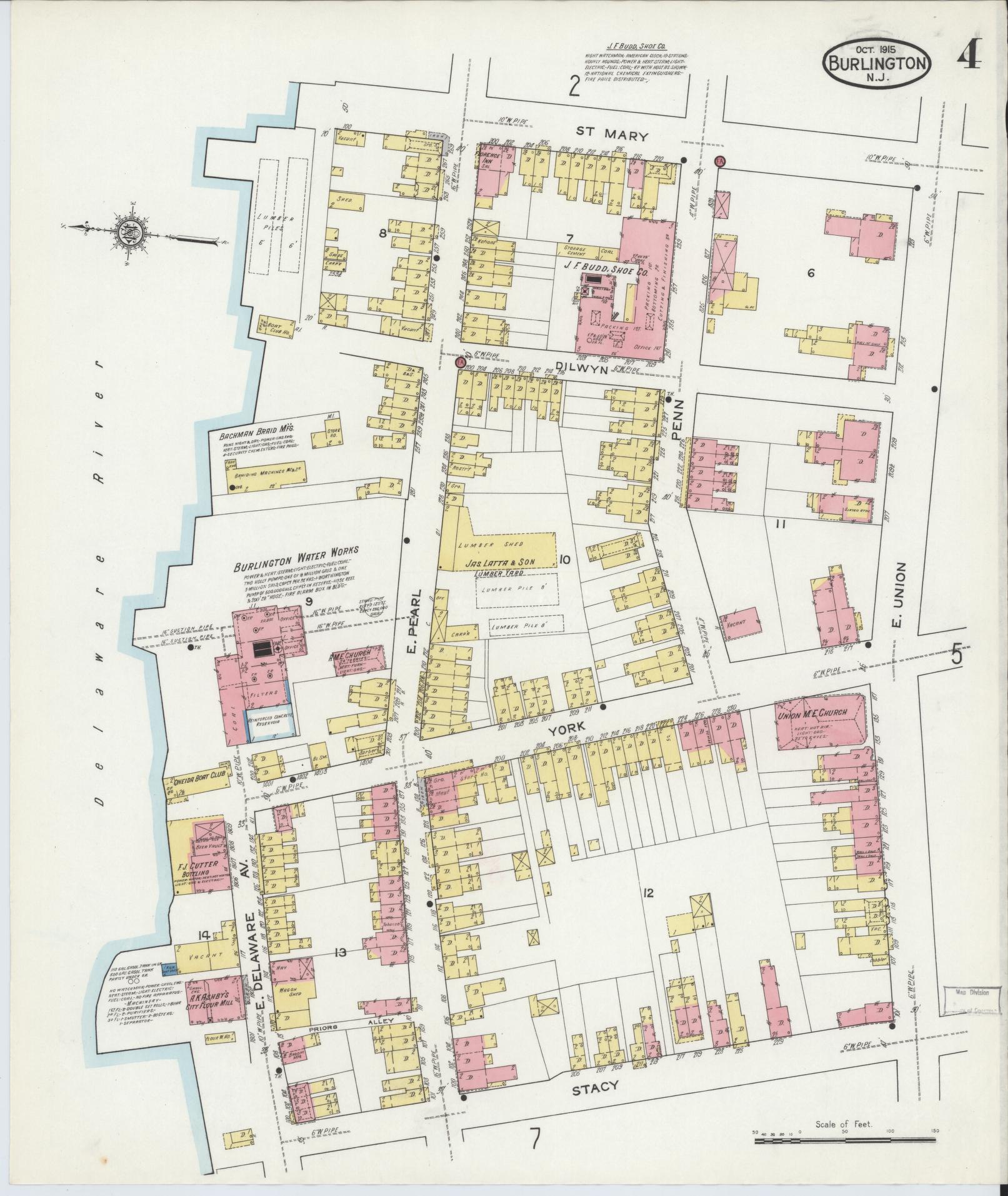 Sanborn Fire Insurance Map from Burlington, Burlington County, New Jersey (1915), Sheet #0004 - Historic Sanborn Fire Insurance Map Print, vintage old map wall art, antique decor, genealogy gift, New Jersey New Jersey map