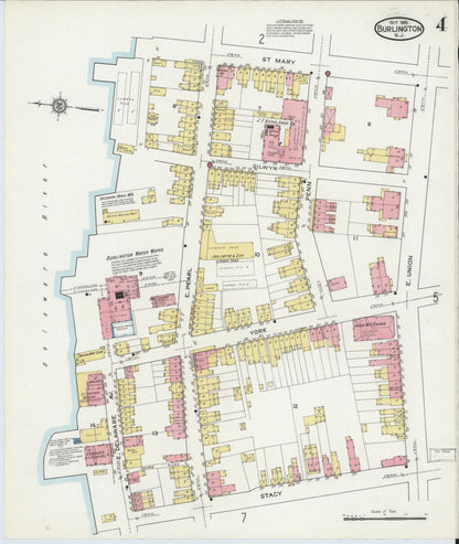 Sanborn Fire Insurance Map from Burlington, Burlington County, New Jersey (1915), Sheet #0004 - Historic Sanborn Fire Insurance Map Print, vintage old map wall art, antique decor, genealogy gift, New Jersey New Jersey map