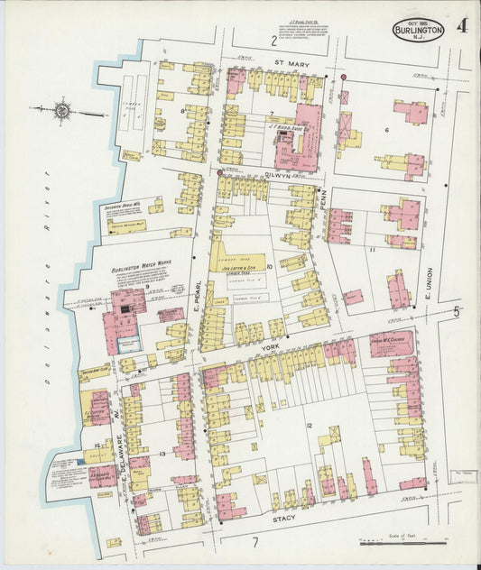 Sanborn Fire Insurance Map from Burlington, Burlington County, New Jersey (1915), Sheet #0004 - Historic Sanborn Fire Insurance Map Print, vintage old map wall art, antique decor, genealogy gift, New Jersey New Jersey map