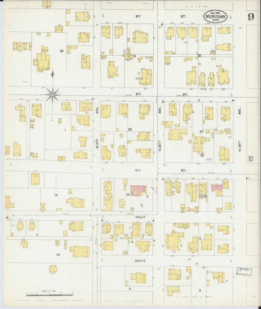 Sanborn Fire Insurance Map from Meridian, Lauderdale County, Mississippi (1902), Sheet #0009 - Historic Sanborn Fire Insurance Map Print, vintage old map wall art, antique decor, genealogy gift, Mississippi Mississippi map