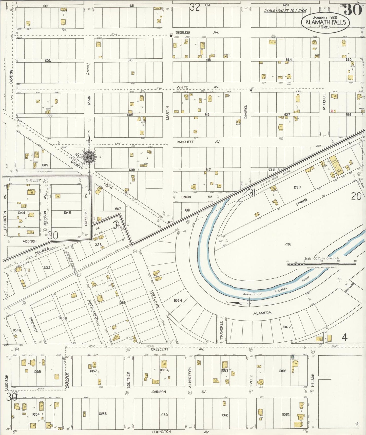 Sanborn Fire Insurance Map from Klamath Falls, Klamath County, Oregon (1921), Sheet #0030 - Complete Map Set gallery image, historic Sanborn map, vintage wall art, Oregon Oregon