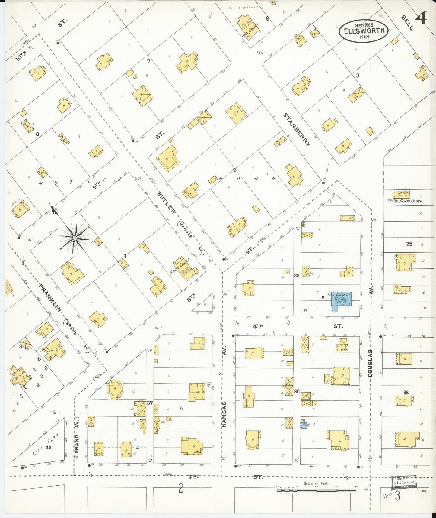 Sanborn Fire Insurance Map from Ellsworth, Ellsworth County, Kansas (1905), Sheet #0004 - Historic Sanborn Fire Insurance Map Print, vintage old map wall art, antique decor, genealogy gift, Kansas Kansas map