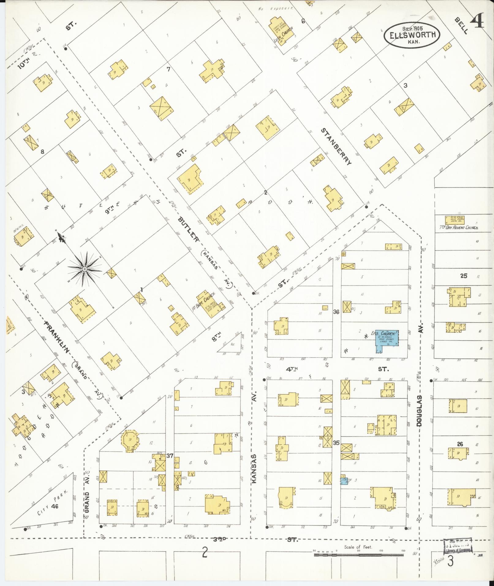 Sanborn Fire Insurance Map from Ellsworth, Ellsworth County, Kansas (1905), Sheet #0004 - Historic Sanborn Fire Insurance Map Print, vintage old map wall art, antique decor, genealogy gift, Kansas Kansas map