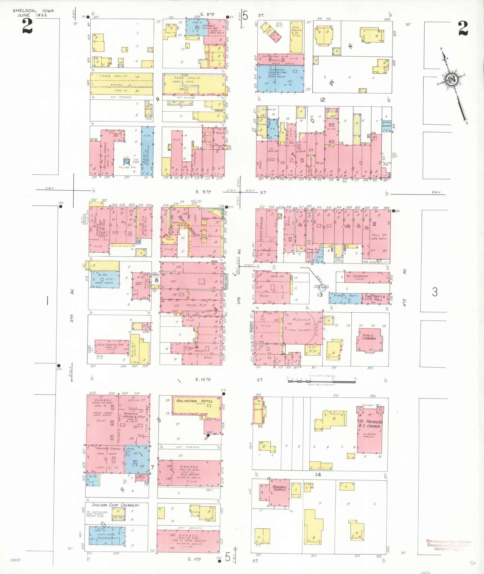 Sanborn Fire Insurance Map from Sheldon, O'Brien County, Iowa (1933), Sheet #0002 - Historic Sanborn Fire Insurance Map Print
