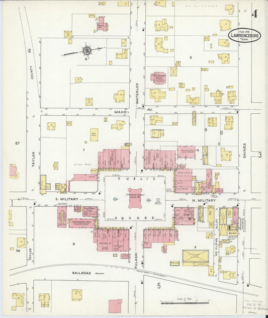 Sanborn Fire Insurance Map from Lawrenceburg, Lawrence County, Tennessee (1916), Sheet #0004 - Historic Sanborn Fire Insurance Map Print, vintage old map wall art, antique decor, genealogy gift, Tennessee Tennessee map