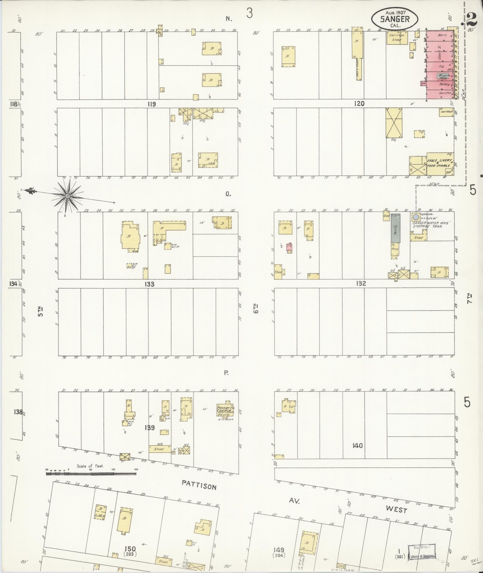 Sanborn Fire Insurance Map from Sanger, Fresno County, California (1907), Sheet #0002 - Complete Map Set gallery image, historic Sanborn map, vintage wall art, California California