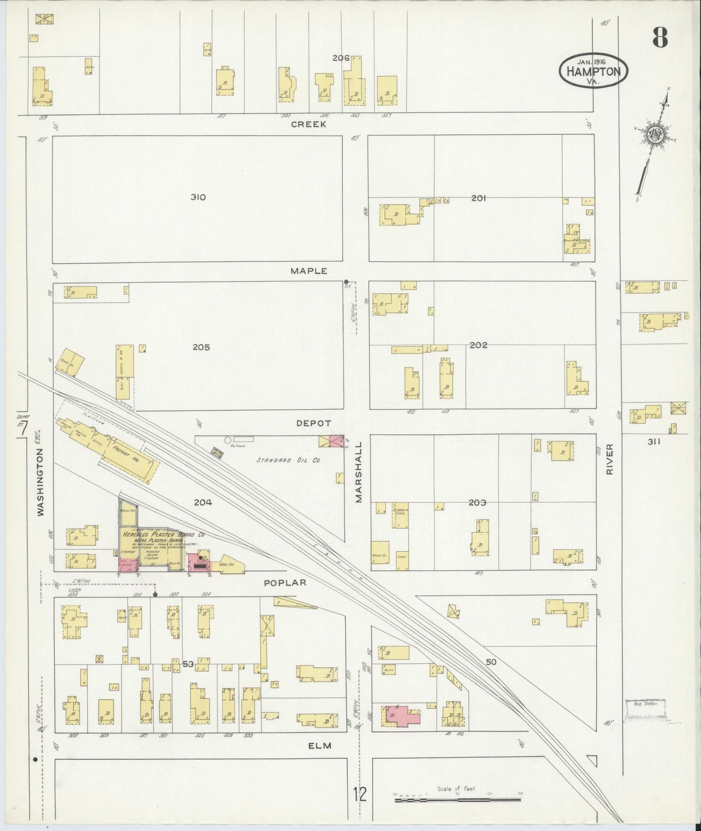 Sanborn Fire Insurance Map from Hampton, Independent Cities, Virginia (1916), Sheet #0008 - Complete Map Set gallery image, historic Sanborn map, vintage wall art, Virginia Virginia