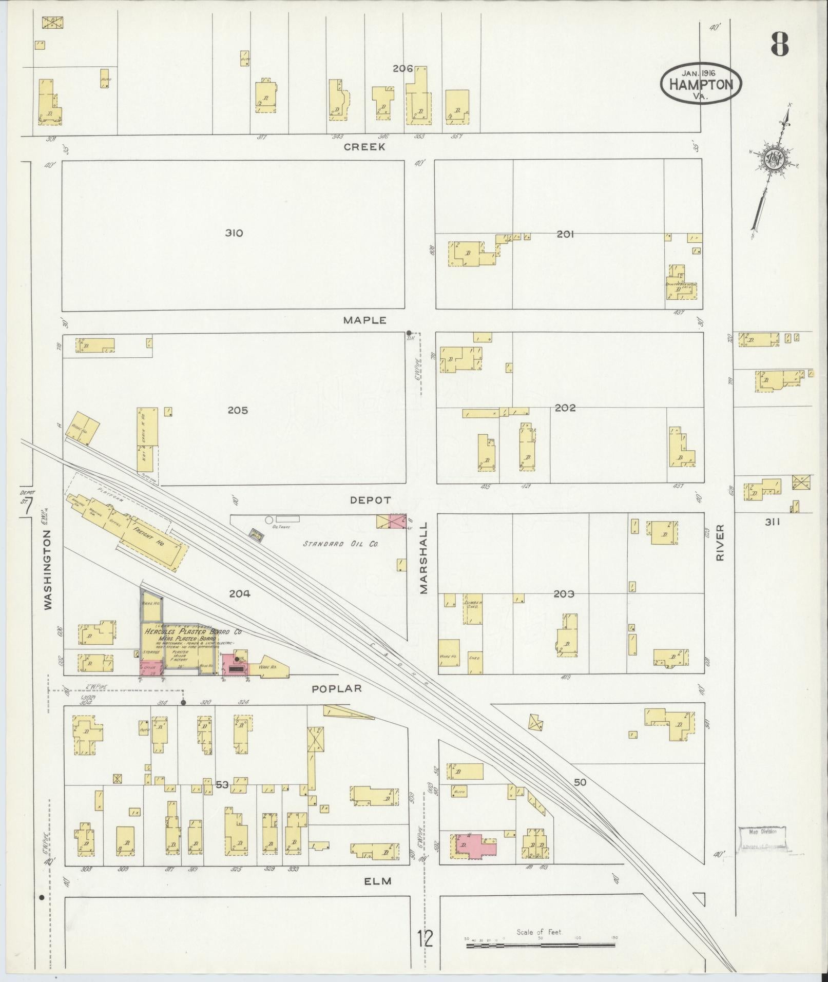 Sanborn Fire Insurance Map from Hampton, Independent Cities, Virginia (1916), Sheet #0008 - Complete Map Set gallery image, historic Sanborn map, vintage wall art, Virginia Virginia