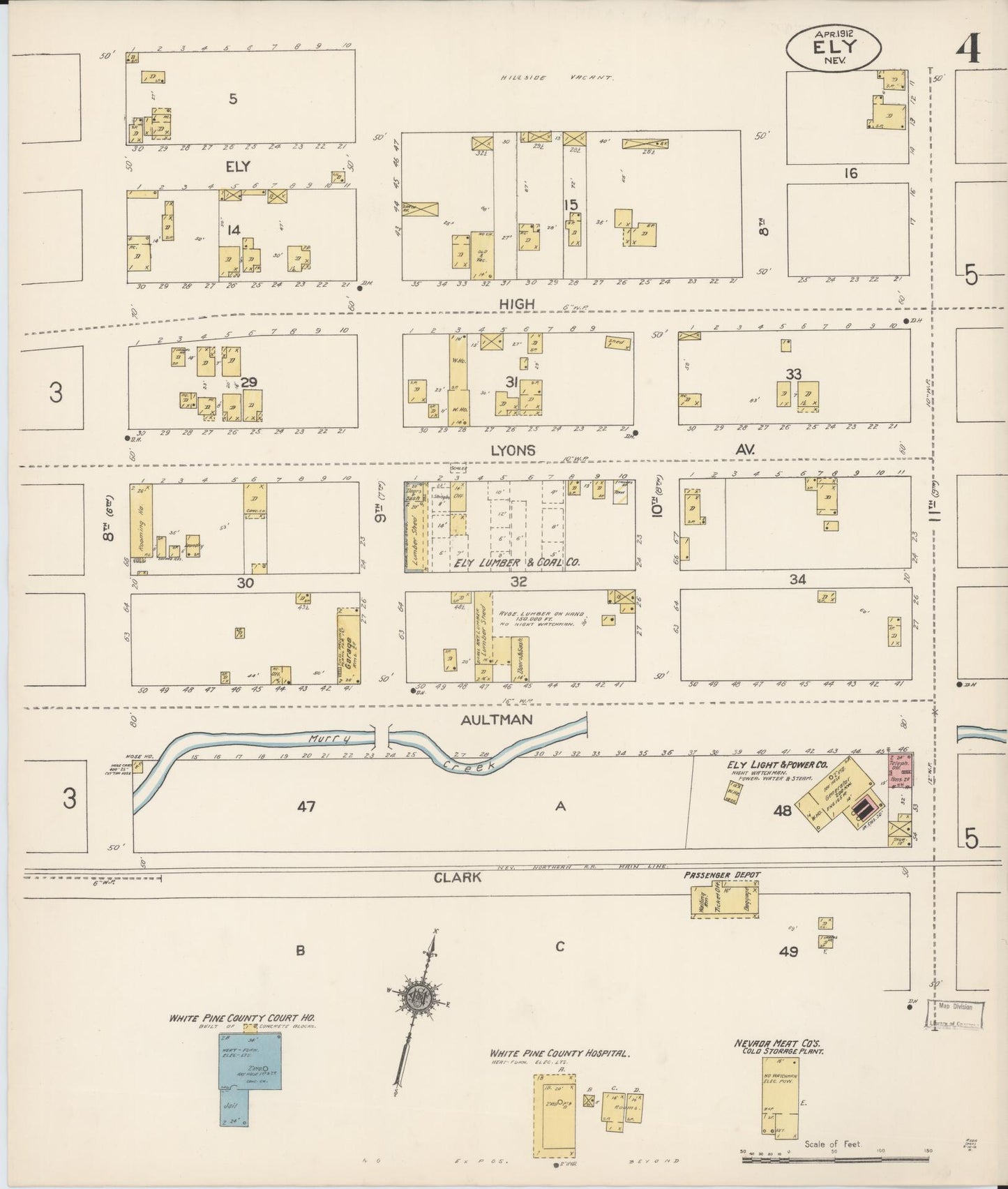 Sanborn Fire Insurance Map from Ely, White Pine County, Nevada (1912), Sheet #0004 - Complete Map Set gallery image, historic Sanborn map, vintage wall art, Nevada Nevada
