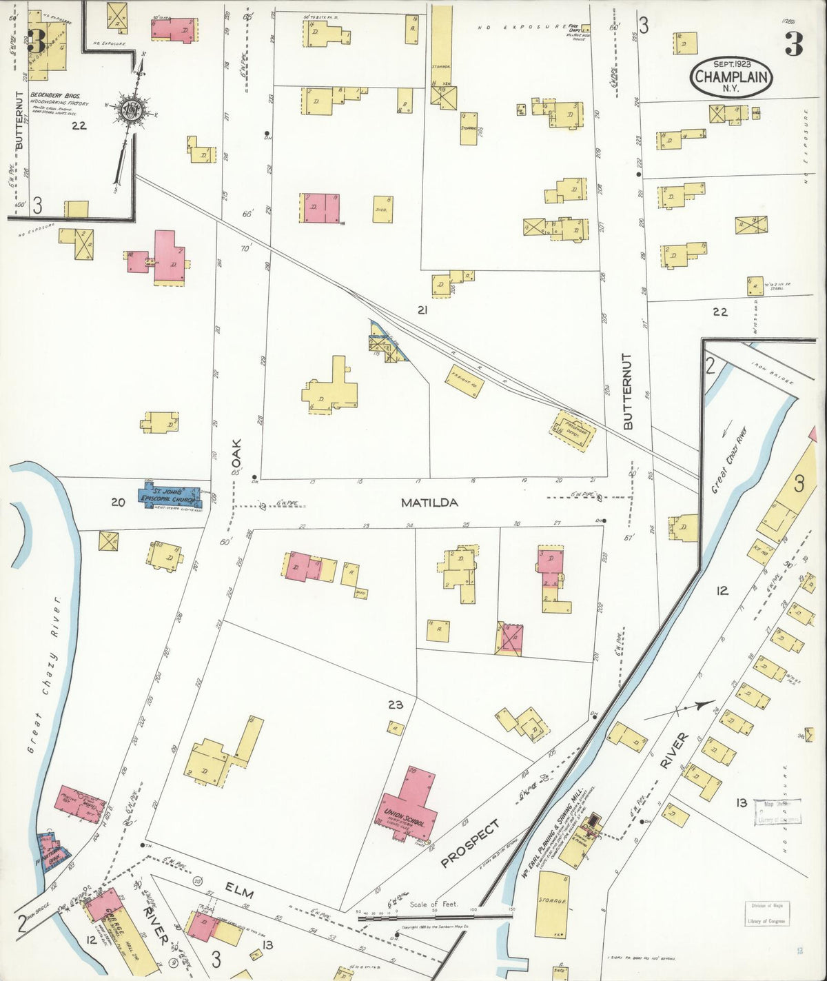 Sanborn Fire Insurance Map from Champlain, Clinton County, New York (1923), Sheet #0003 - Complete Map Set gallery image, historic Sanborn map, vintage wall art, New York New York
