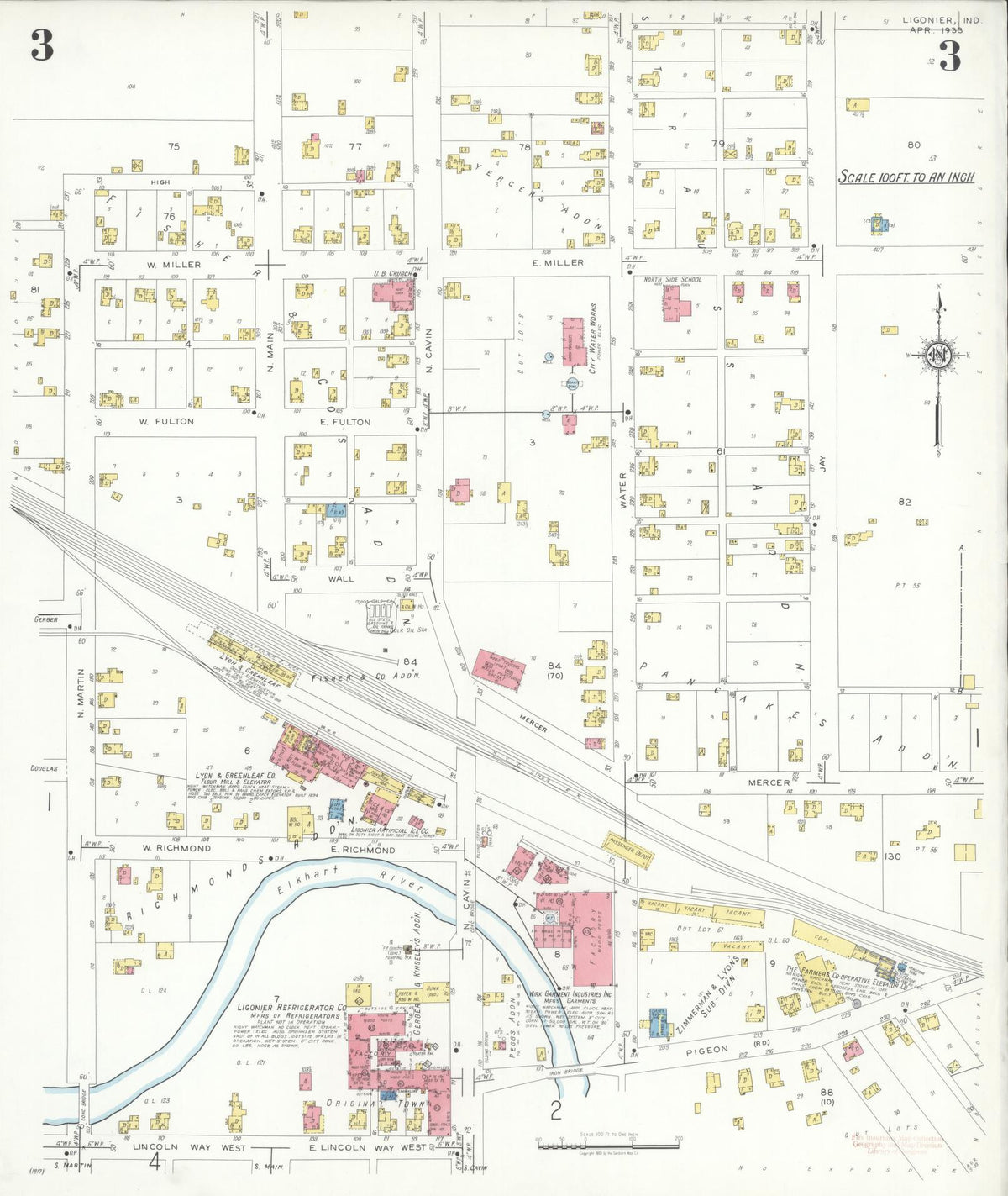 Sanborn Fire Insurance Map from Ligonier, Noble County, Indiana (1933), Sheet #0003 - Historic Sanborn Fire Insurance Map Print, vintage old map wall art, antique decor, genealogy gift, Indiana Indiana map
