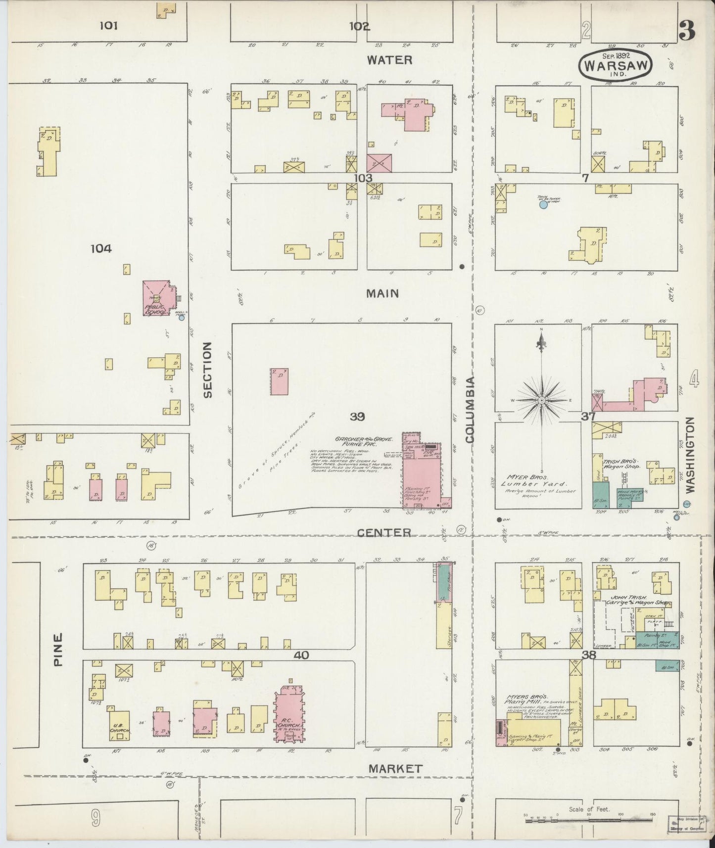 Sanborn Fire Insurance Map from Warsaw, Kosciusko County, Indiana (1892), Sheet #0003 - Complete Map Set gallery image, historic Sanborn map, vintage wall art, Indiana Indiana