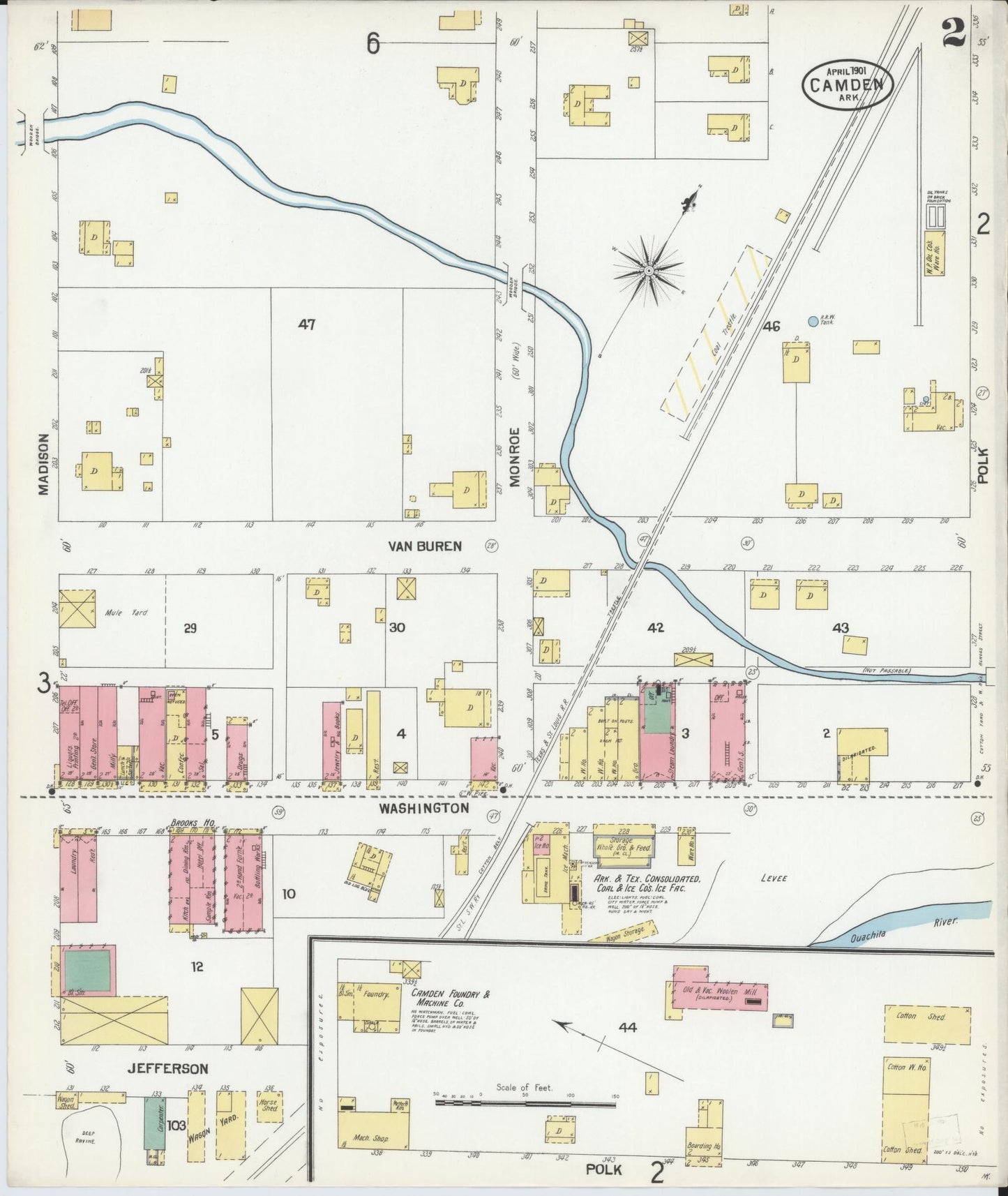 Sanborn Fire Insurance Map from Camden, Ouachita County, Arkansas (1901), Sheet #0002 - Historic Sanborn Fire Insurance Map Print, vintage old map wall art, antique decor, genealogy gift, Arkansas Arkansas map