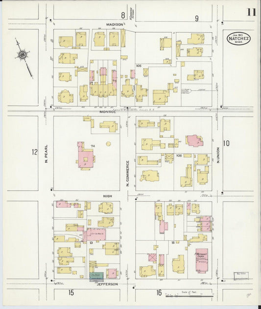 Sanborn Fire Insurance Map from Natchez, Adams County, Mississippi (1910), Sheet #0011 - Historic Sanborn Fire Insurance Map Print, vintage old map wall art, antique decor, genealogy gift, Mississippi Mississippi map
