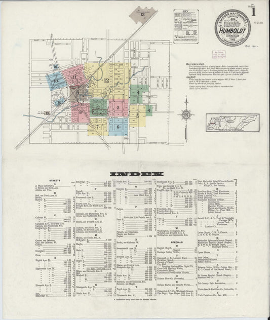 Sanborn Fire Insurance Map from Humboldt, Gibson County, Tennessee (1915), Sheet #0001 - Historic Sanborn Fire Insurance Map Print, vintage old map wall art, antique decor, genealogy gift, Tennessee Tennessee map