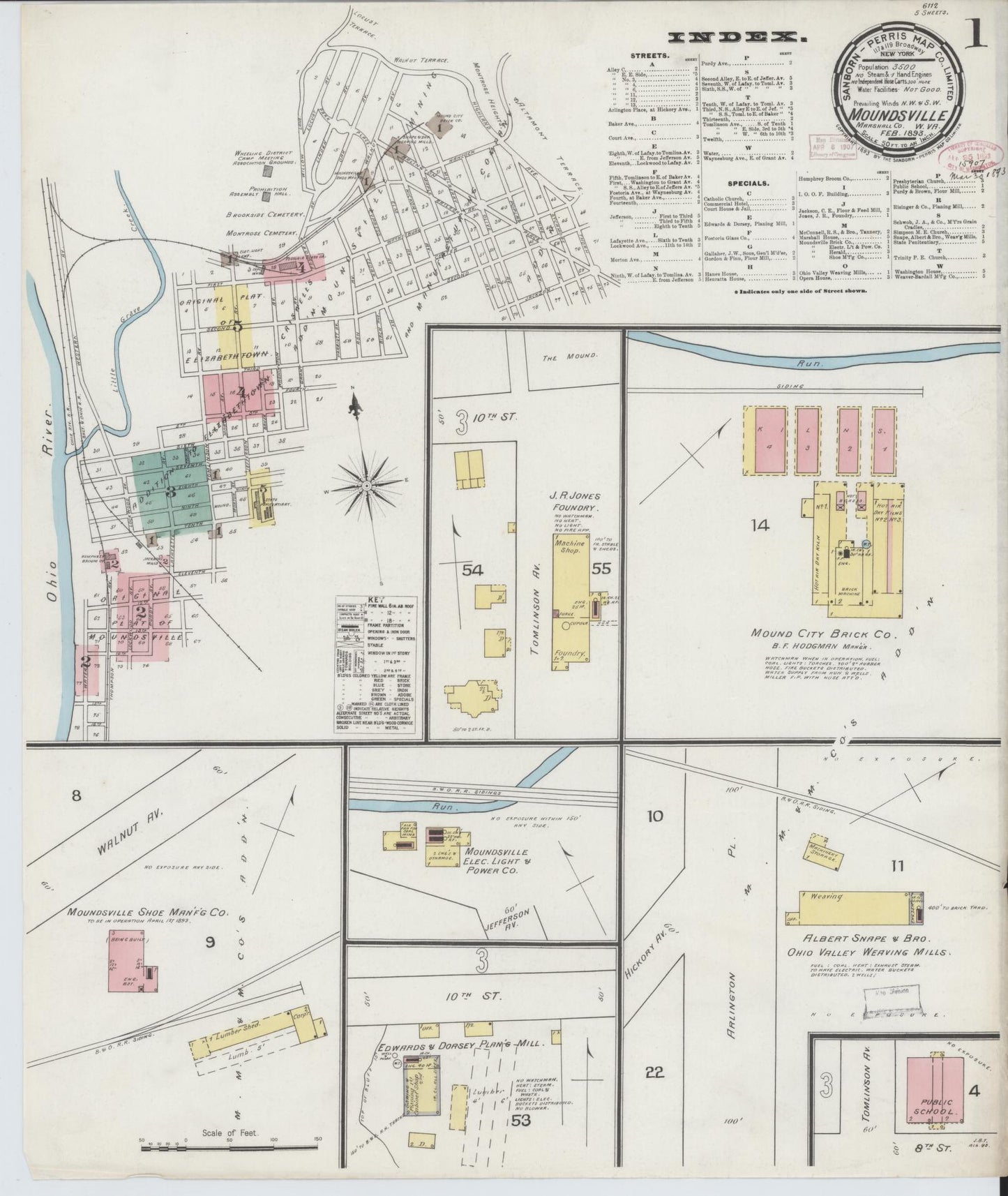 Sanborn Fire Insurance Map from Moundsville, Marshall County, West Virginia (1893), Sheet #0001 - Historic Sanborn Fire Insurance Map Print, vintage old map wall art, antique decor, genealogy gift, West Virginia West Virginia map