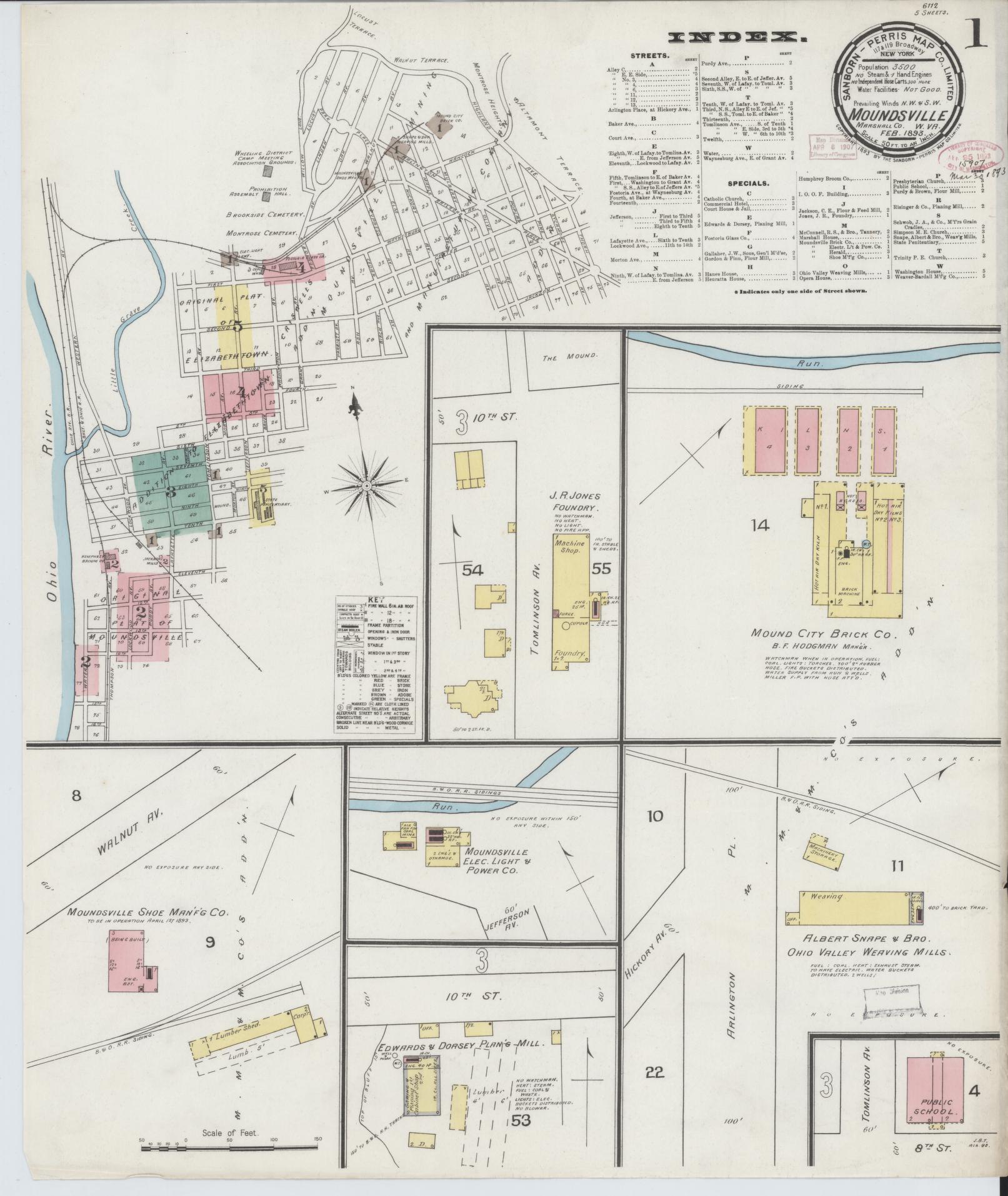 Sanborn Fire Insurance Map from Moundsville, Marshall County, West Virginia (1893), Sheet #0001 - Historic Sanborn Fire Insurance Map Print, vintage old map wall art, antique decor, genealogy gift, West Virginia West Virginia map