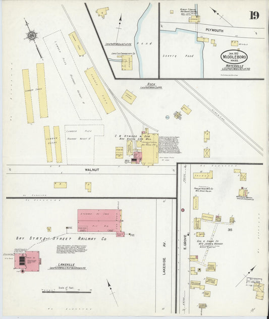 Sanborn Fire Insurance Map from Middleboro, Plymouth County, Massachusetts (1912), Sheet #0019 - Historic Sanborn Fire Insurance Map Print, vintage old map wall art, antique decor, genealogy gift, Massachusetts Massachusetts map