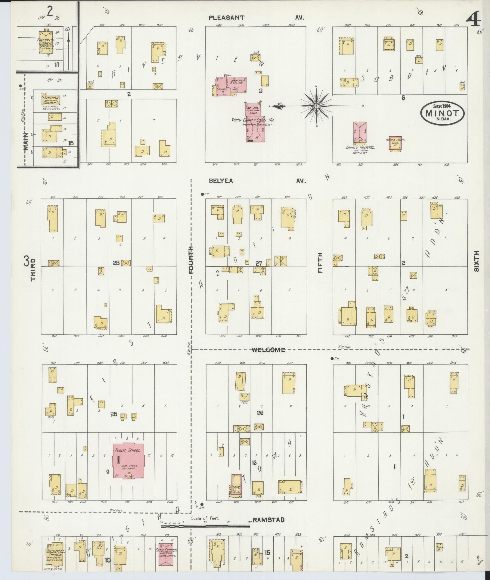 Sanborn Fire Insurance Map from Minot, Ward County, North Dakota (1904), Sheet #0004 - Complete Map Set gallery image, historic Sanborn map, vintage wall art, North Dakota North Dakota