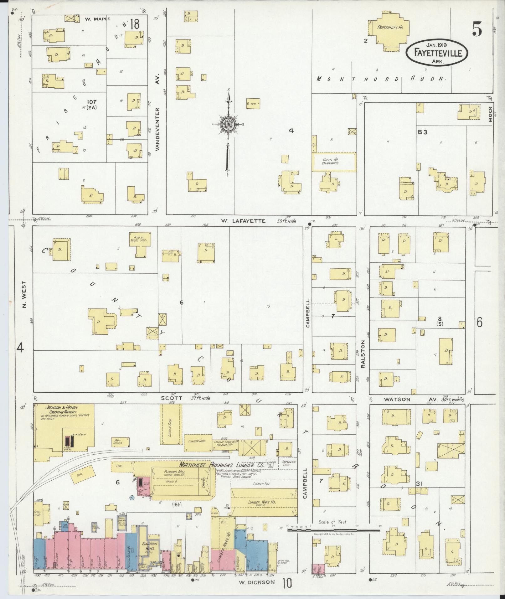 Sanborn Fire Insurance Map from Fayetteville, Washington County, Arkansas (1919), Sheet #0005 - Complete Map Set gallery image, historic Sanborn map, vintage wall art, Arkansas Arkansas