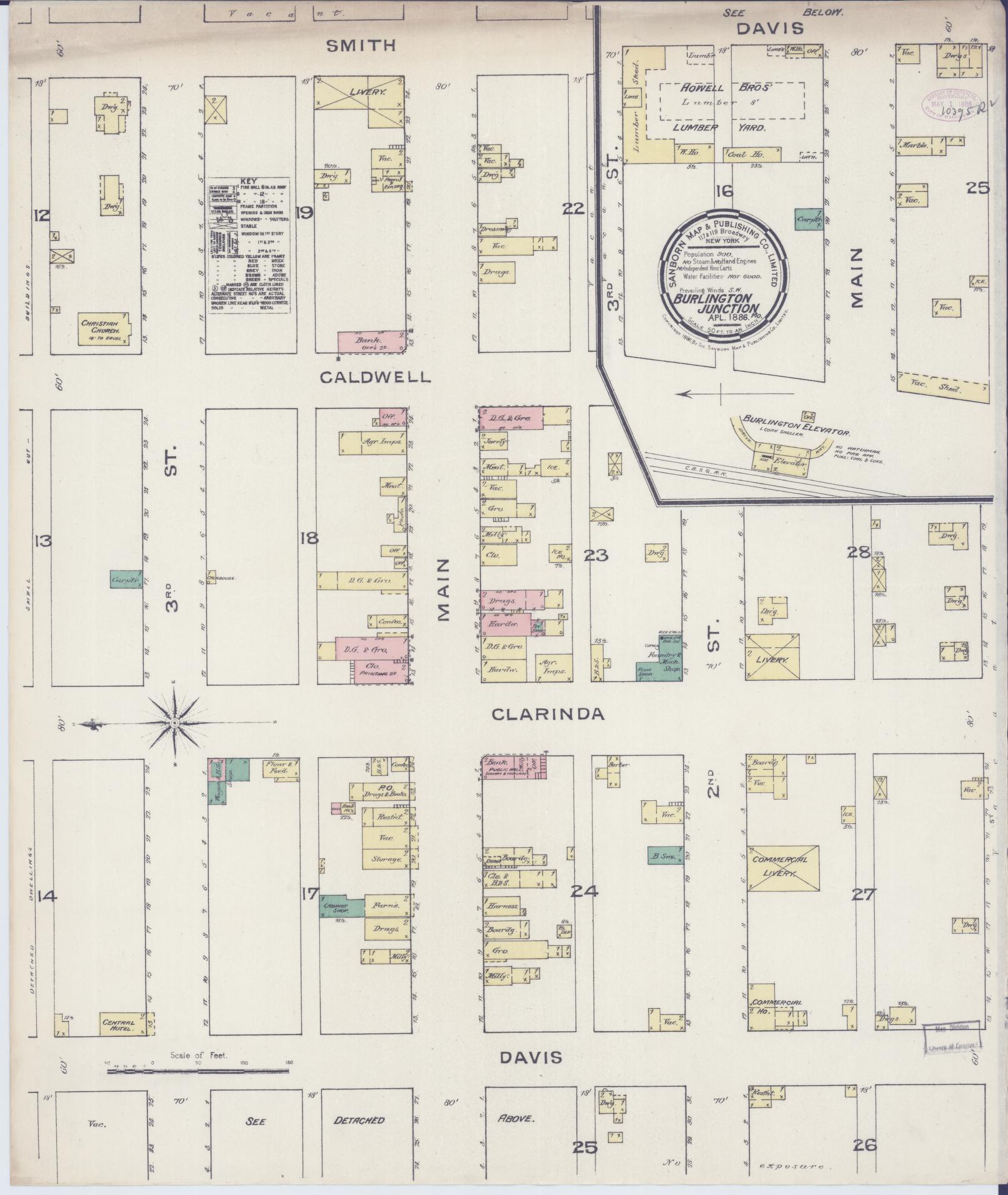 Sanborn Fire Insurance Map from Burlington Junction, Nodaway County, Missouri (1886), Sheet #0001 - Historic Sanborn Fire Insurance Map Print, vintage old map wall art, antique decor, genealogy gift, Missouri Missouri map